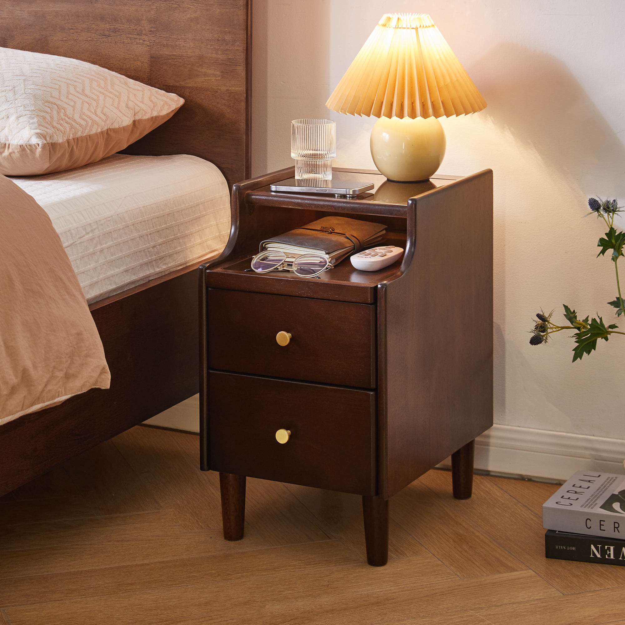 GDFStudio Ardyn Modern Rubberwood Nightstand with 2 Drawers and Pull-Out Panel Storage, Walnut