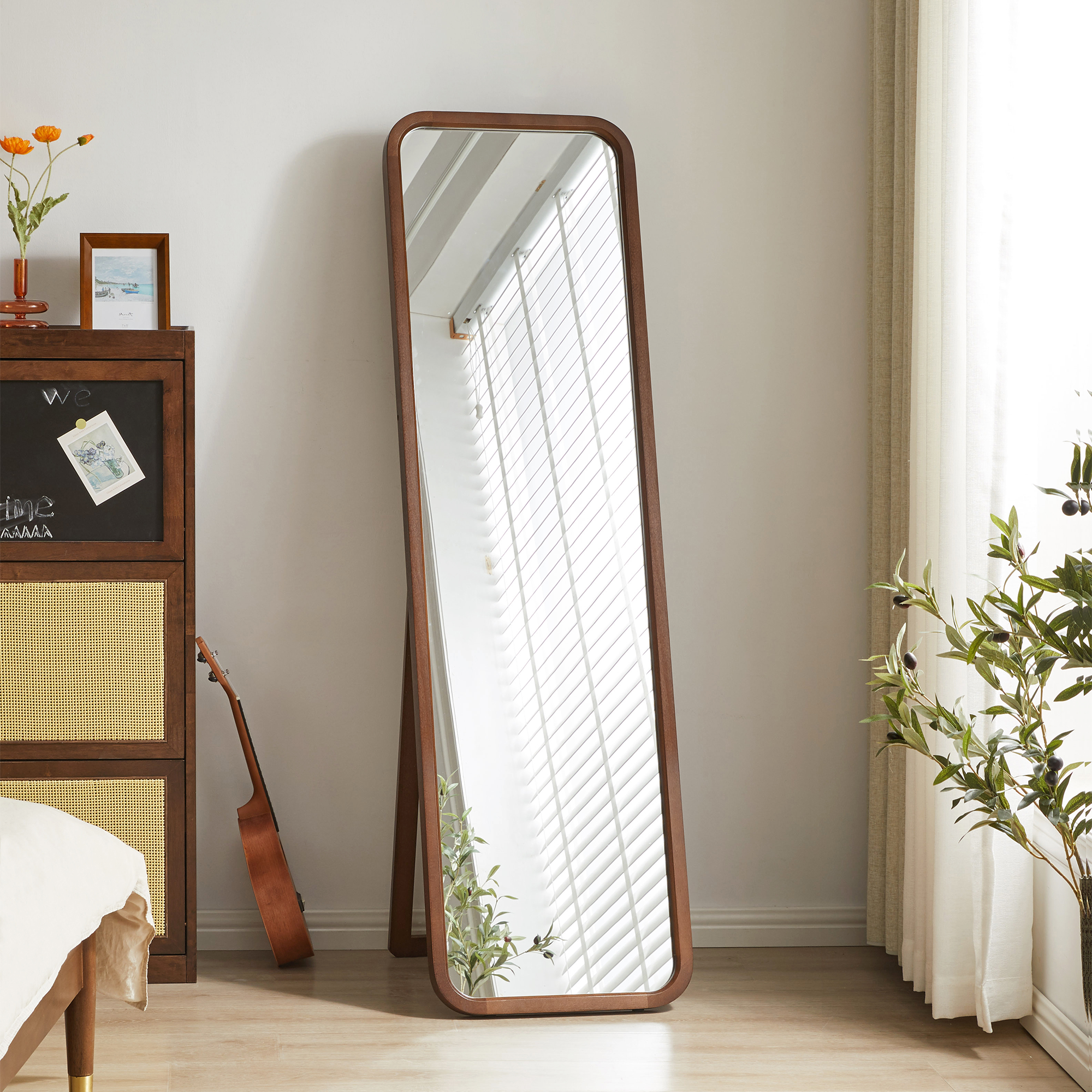 GDFStudio Coralmere Modern Wooden Rectangular Full Length Mirror with Stand and Curved Edge Design, Walnut