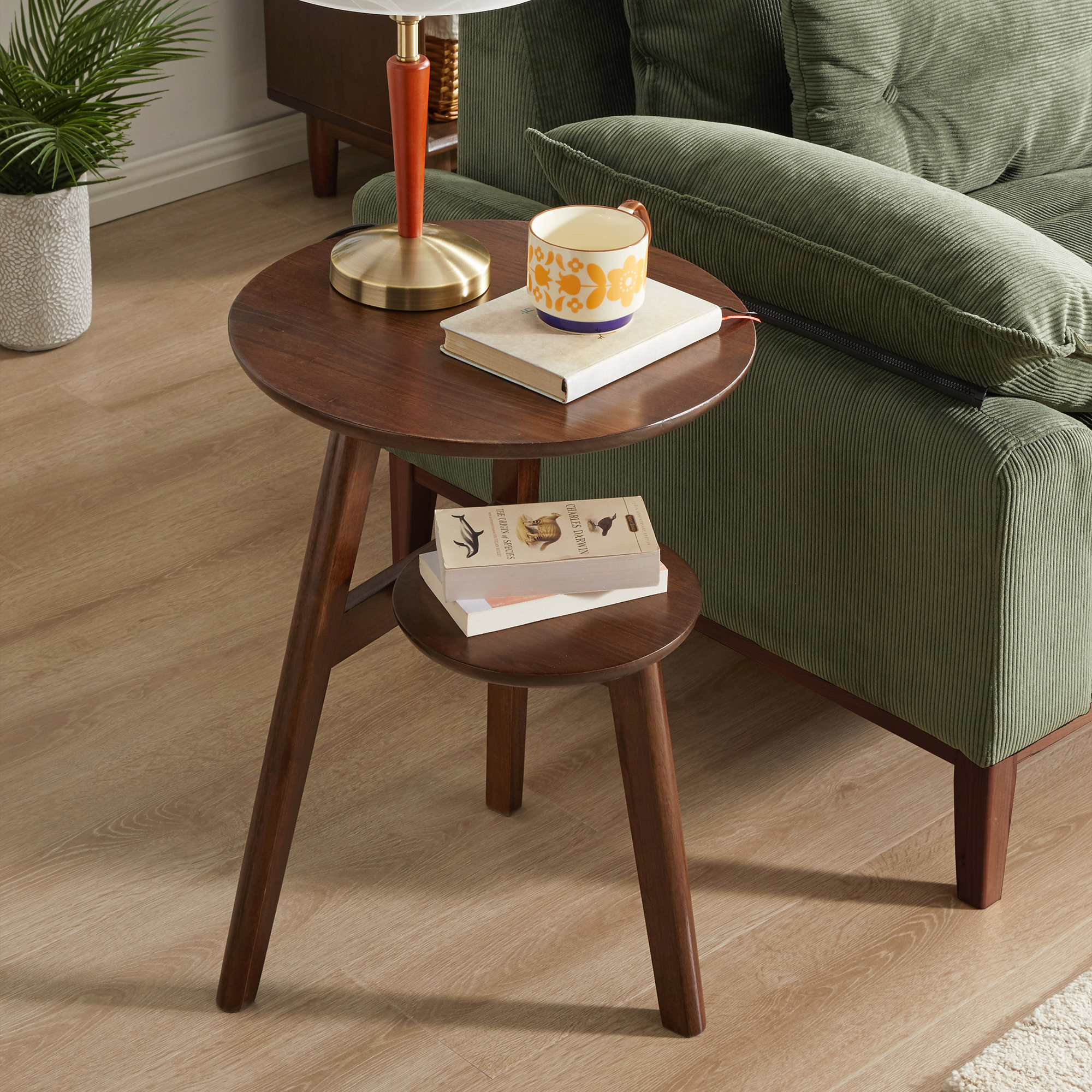 GDFStudio Moonshore Mid-Century Modern Rubberwood 2-Tier Side Table with Lower Storage Shelf Design, Walnut