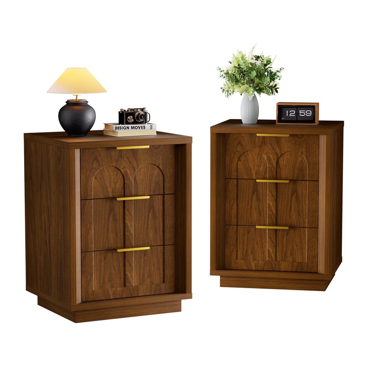 GDFStudio Jaxith 23 H Mid-Century Modern Wood 3-Drawer Nightstand with Arched Front Design (Set of 2), Walnut