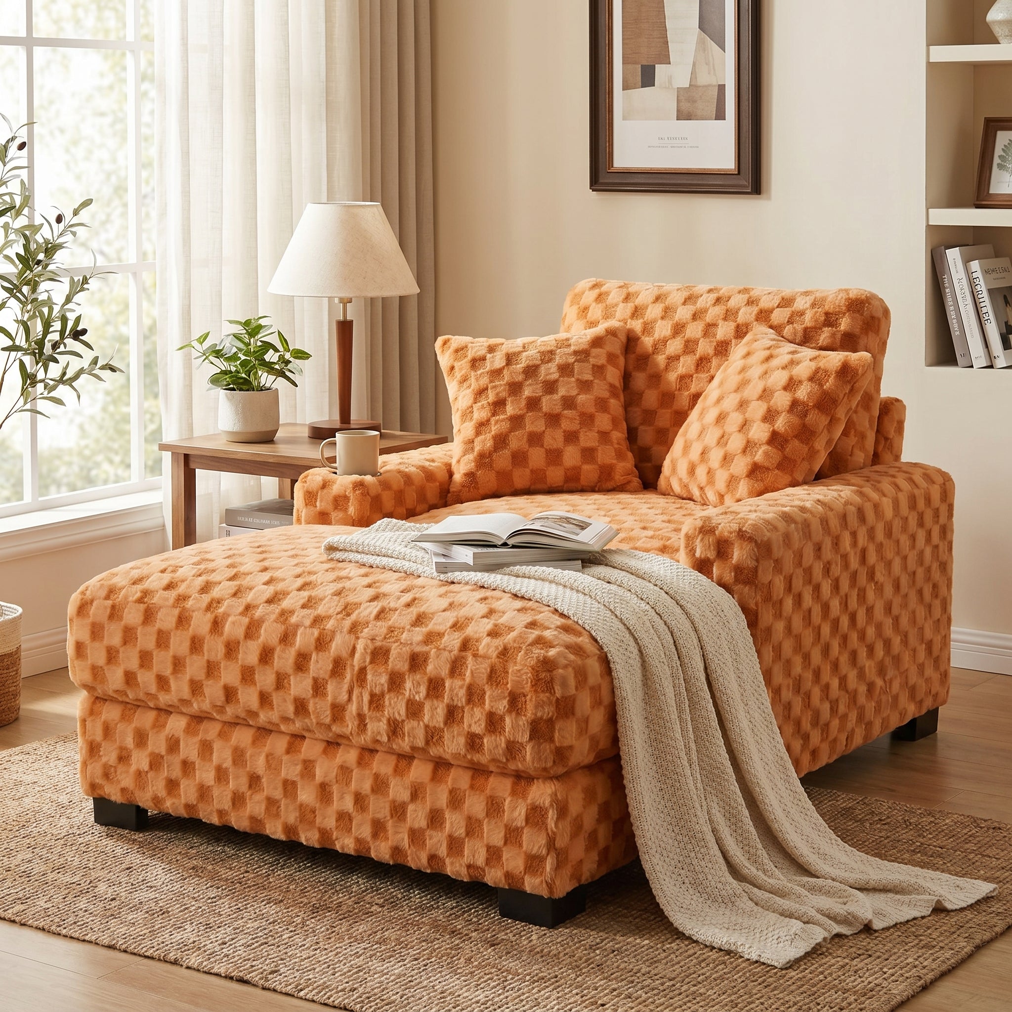 GDFStudio Hayate Fabric Upholstered Chaise Lounge Chair with USB Ports, Cup Holder and Pillows, Orange