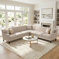 GDFStudio Ever Mid-Century Modern Wooden Faux Leather Upholstered Chesterfield Sofa with Button-Tufted Backrest, Beige