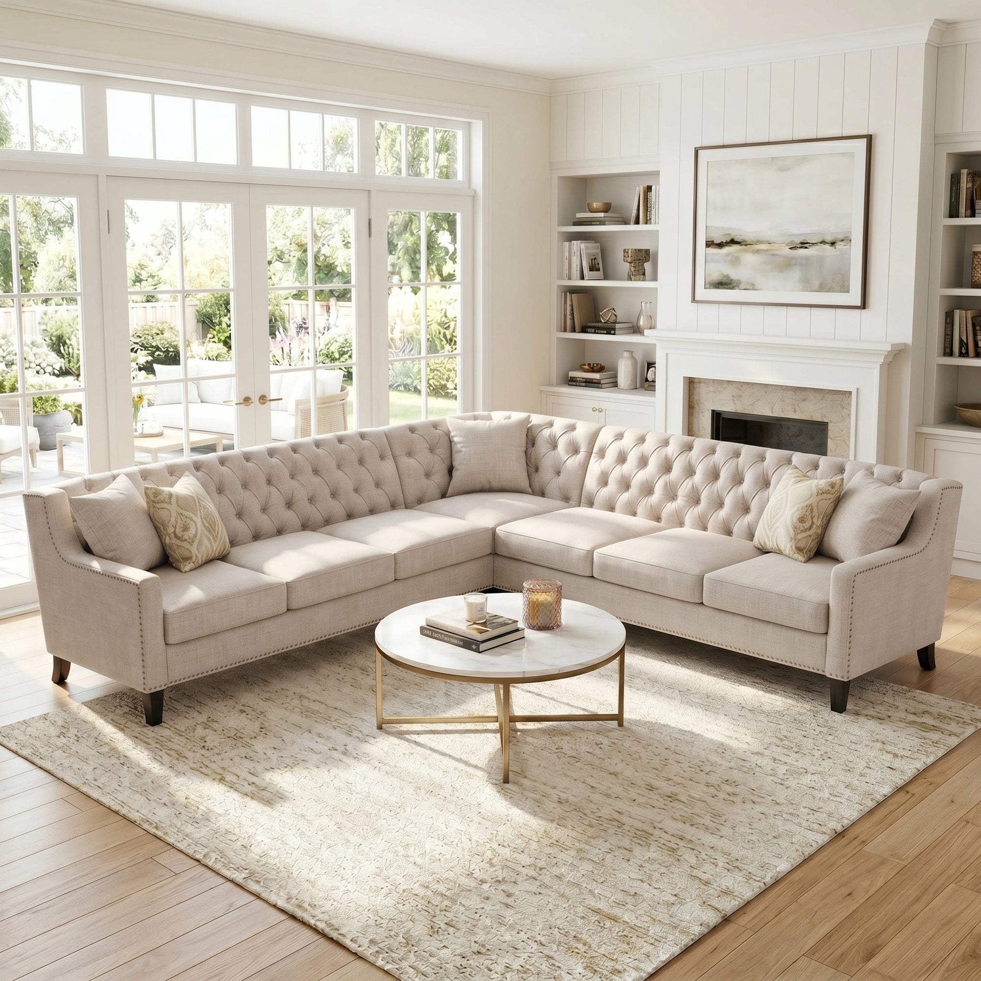 GDFStudio Ever Mid-Century Modern Wooden Faux Leather Upholstered Chesterfield Sofa with Button-Tufted Backrest, Beige