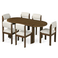 Christopher Knight Home Halcyon 7 Piece Rubberwood Upholstered Dining Set with Curved Back, Walnut/Beige