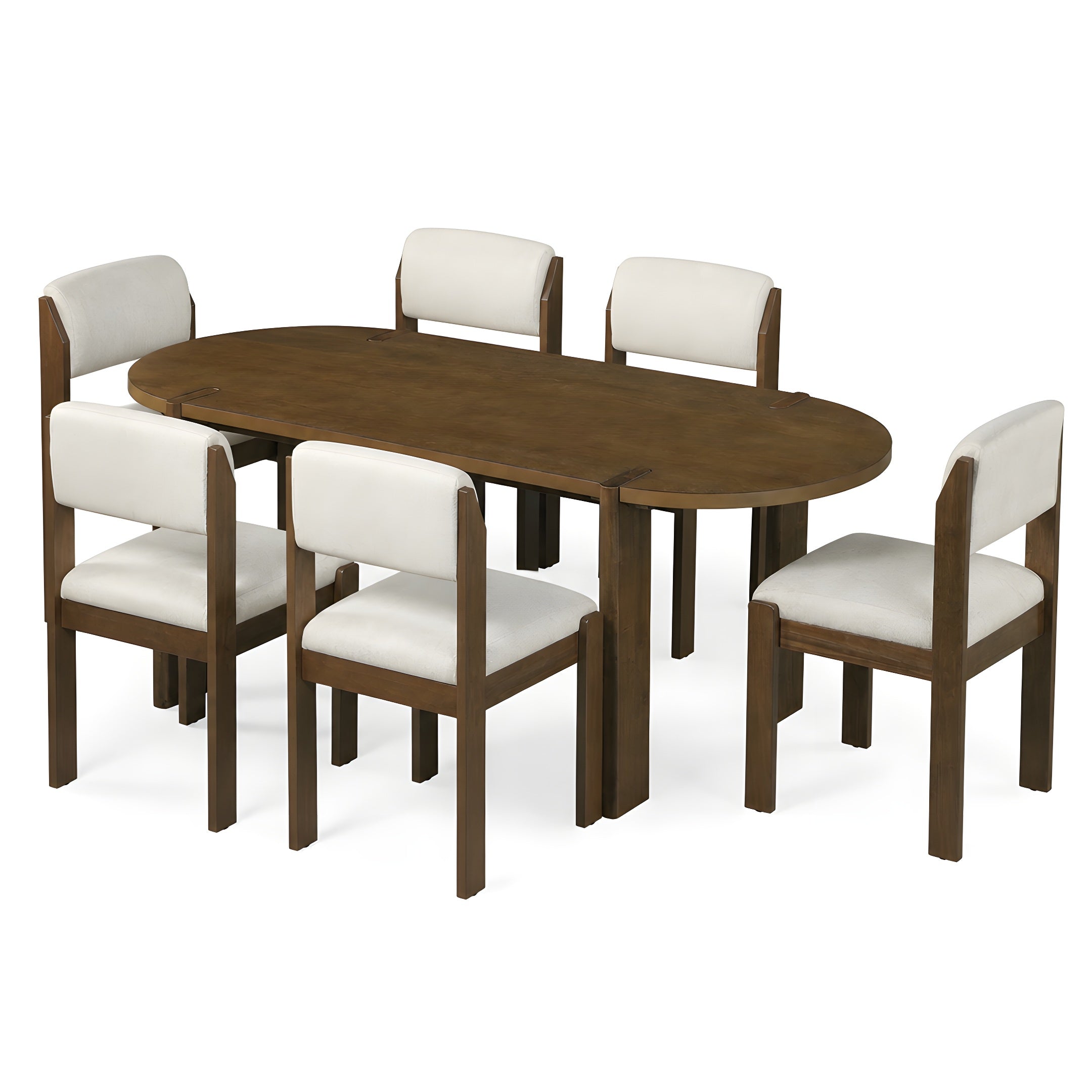 Christopher Knight Home Halcyon 7 Piece Rubberwood Upholstered Dining Set with Curved Back, Walnut/Beige