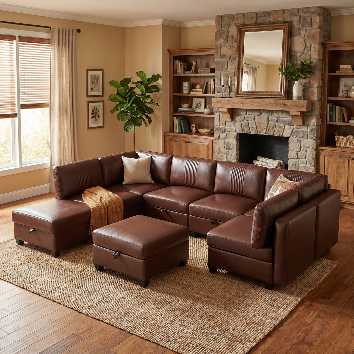 GDFStudio Ponce Modular 8-Seat Faux Leather Upholstered 129  Sectional Sofa with Storage, Dark Brown