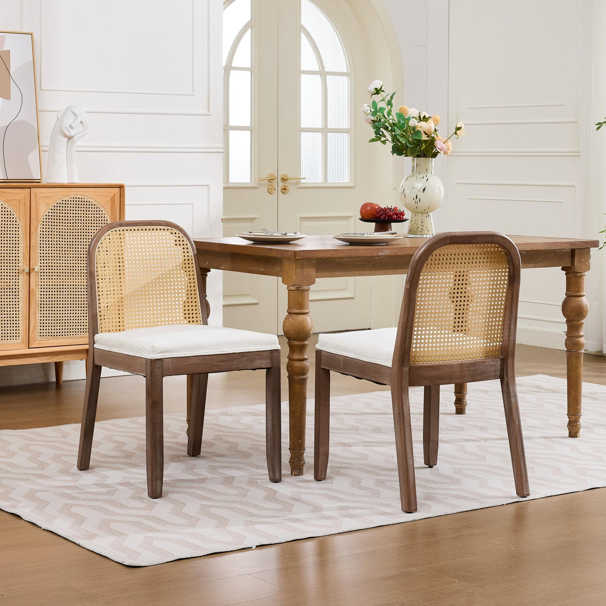 GDFStudio Payten Farmhouse Rubberwood Chenille Upholstered Dining Chairs with Curved Arched Cane Back (Set of 2), Beige