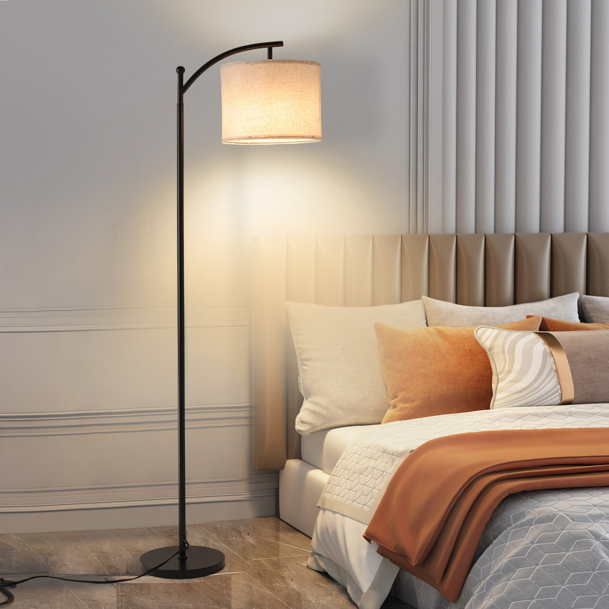 GDFStudio Notos 63'' Farmhouse Floor Lamps with Remote and Fabric Shade, Black