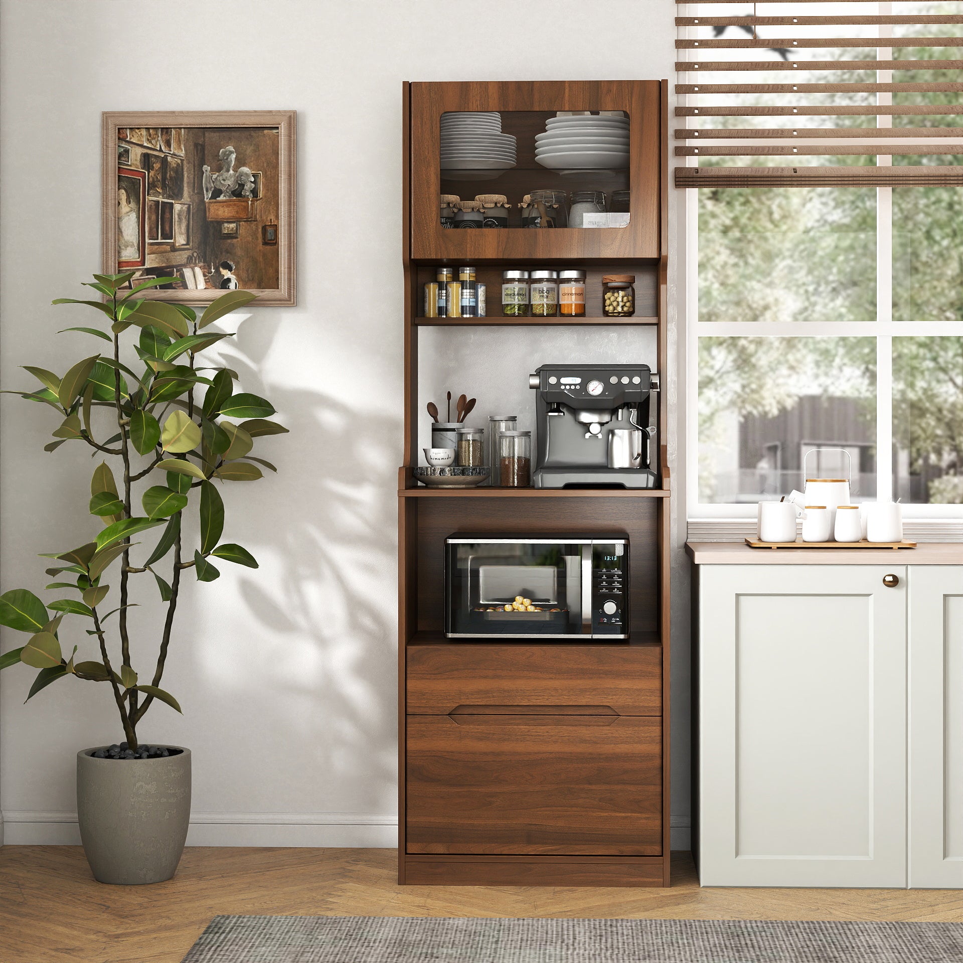 GDFStudio Divya 70.87" H Farmhouse Wood Kitchen Pantry Hutch Cabinet with Microwave Stand and Storage, Walnut
