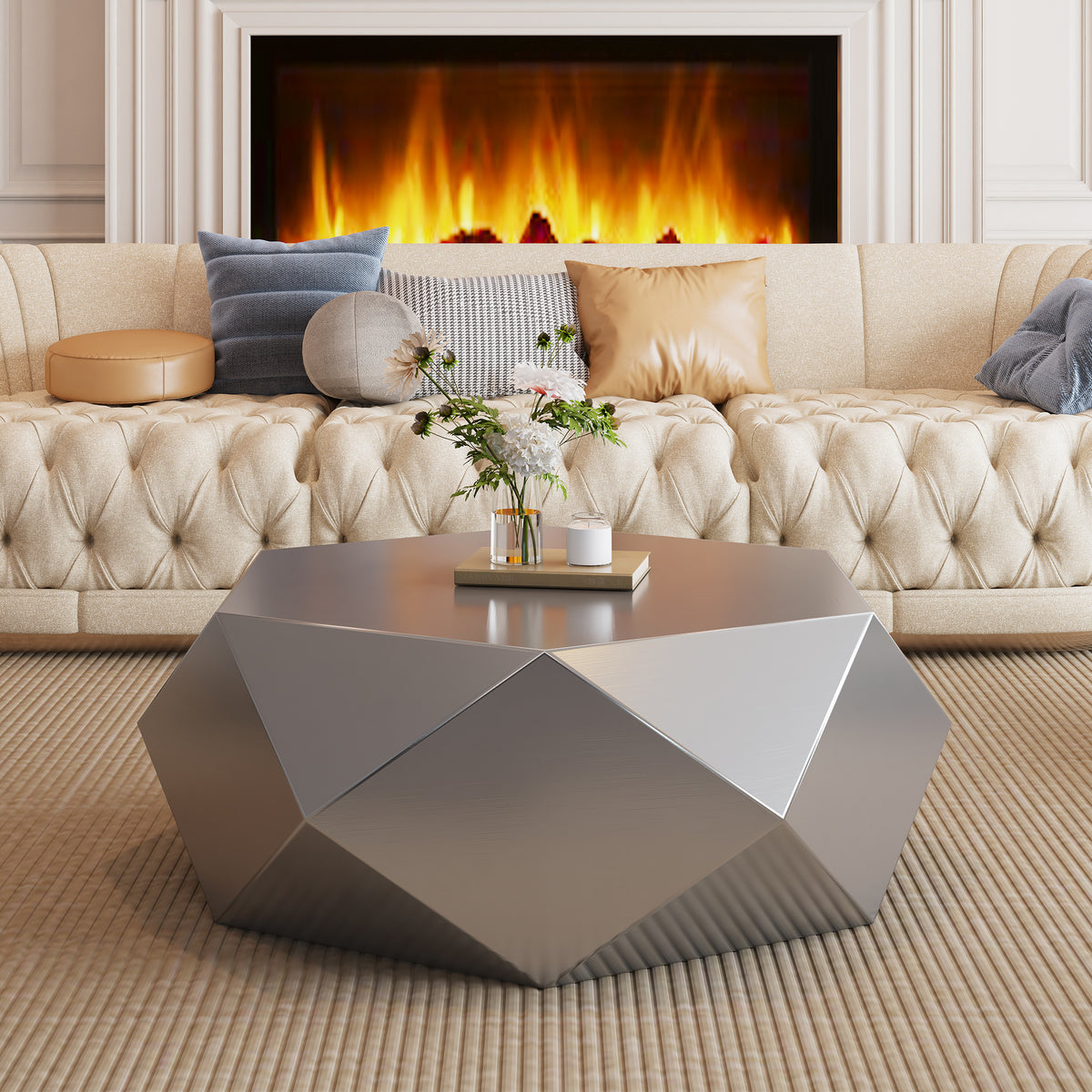 GDFStudio Adikia Modern Geometric Stainless Steel Coffee Table, Silver