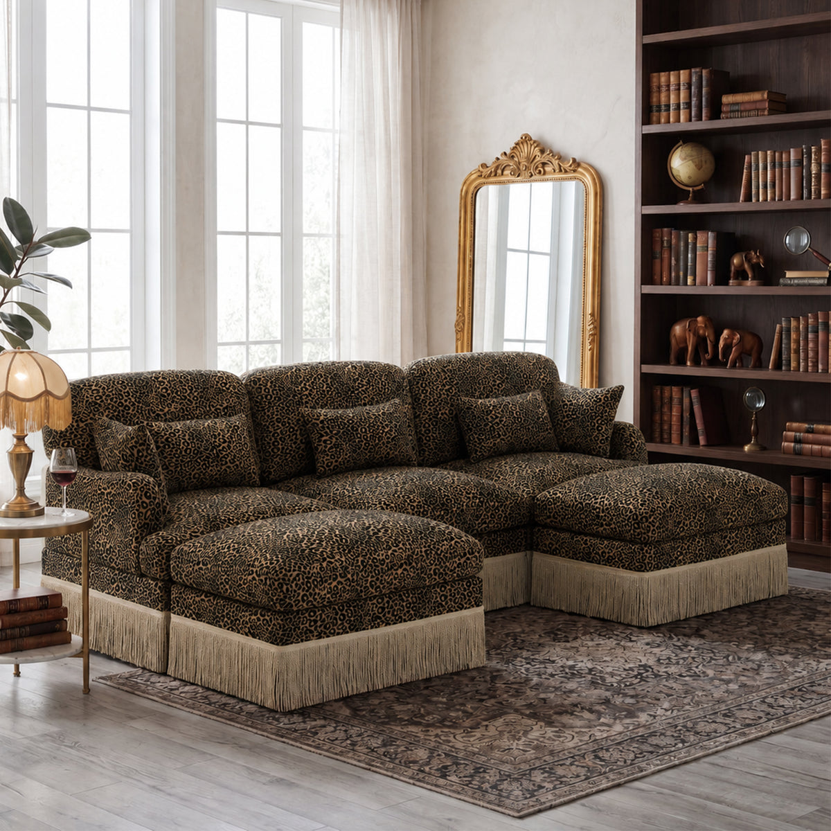 GDFStudio Cody 100'' Modern Leopard Printed Chenille Upholstered 3-Seater Sectional Sofa with Pillows, Brown