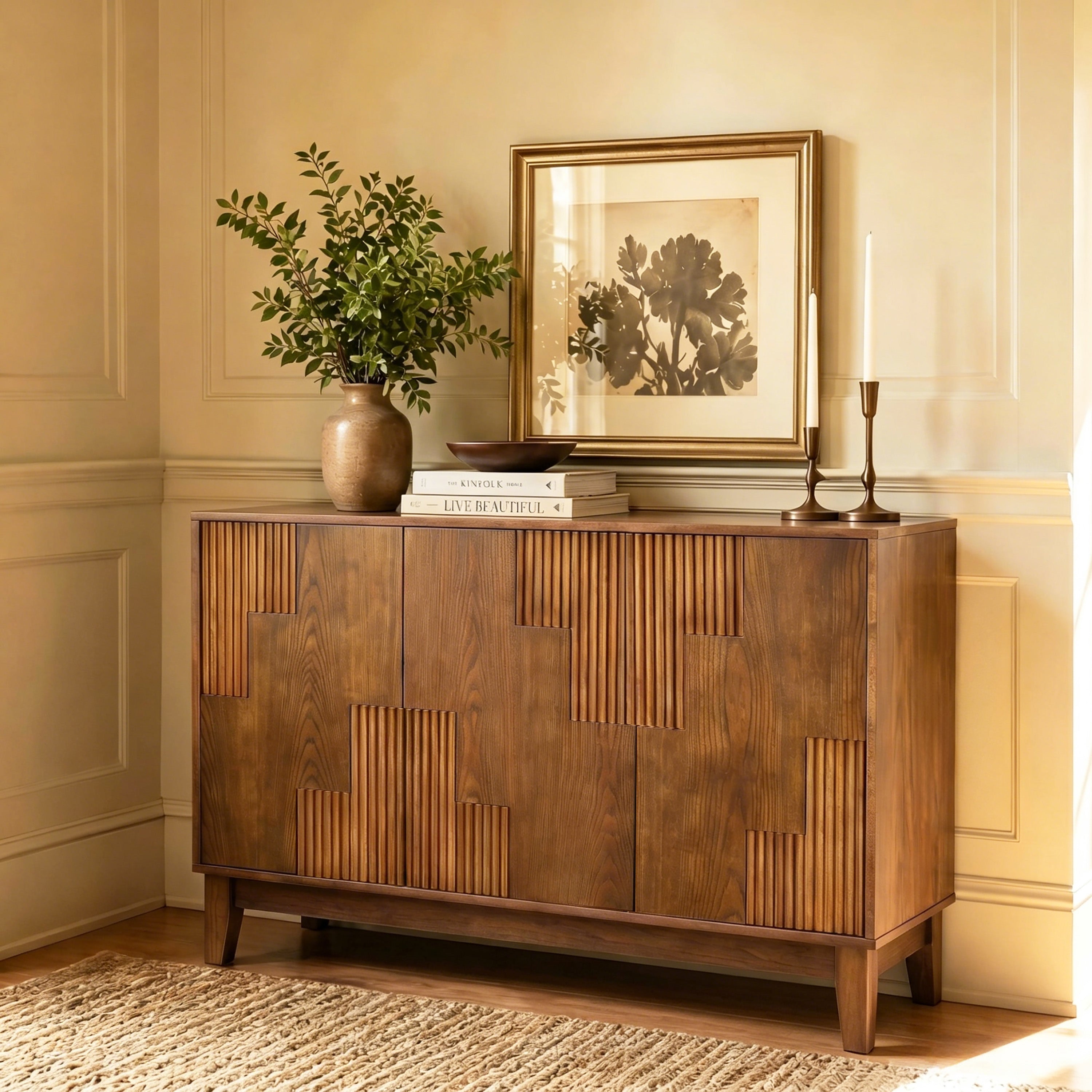 GDFStudio Norris Mid Century Modern 44.3" Sideboard Buffet Cabinet with Adjustable Shelves, Walnut
