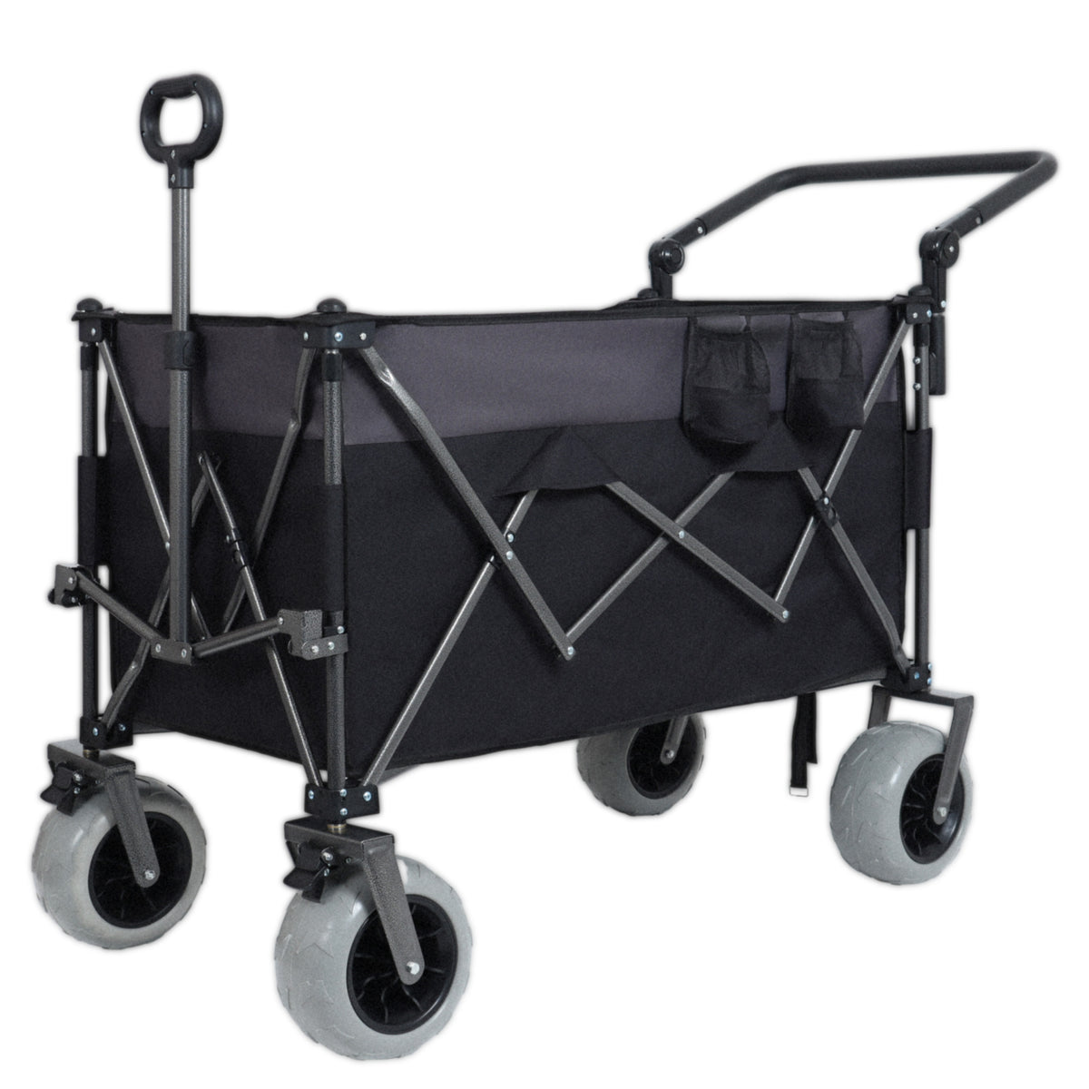 GDFStudio Hakim Steel Folding Wagon Cart with Push-Pull Handle and Beach Wheels, Black/Gray