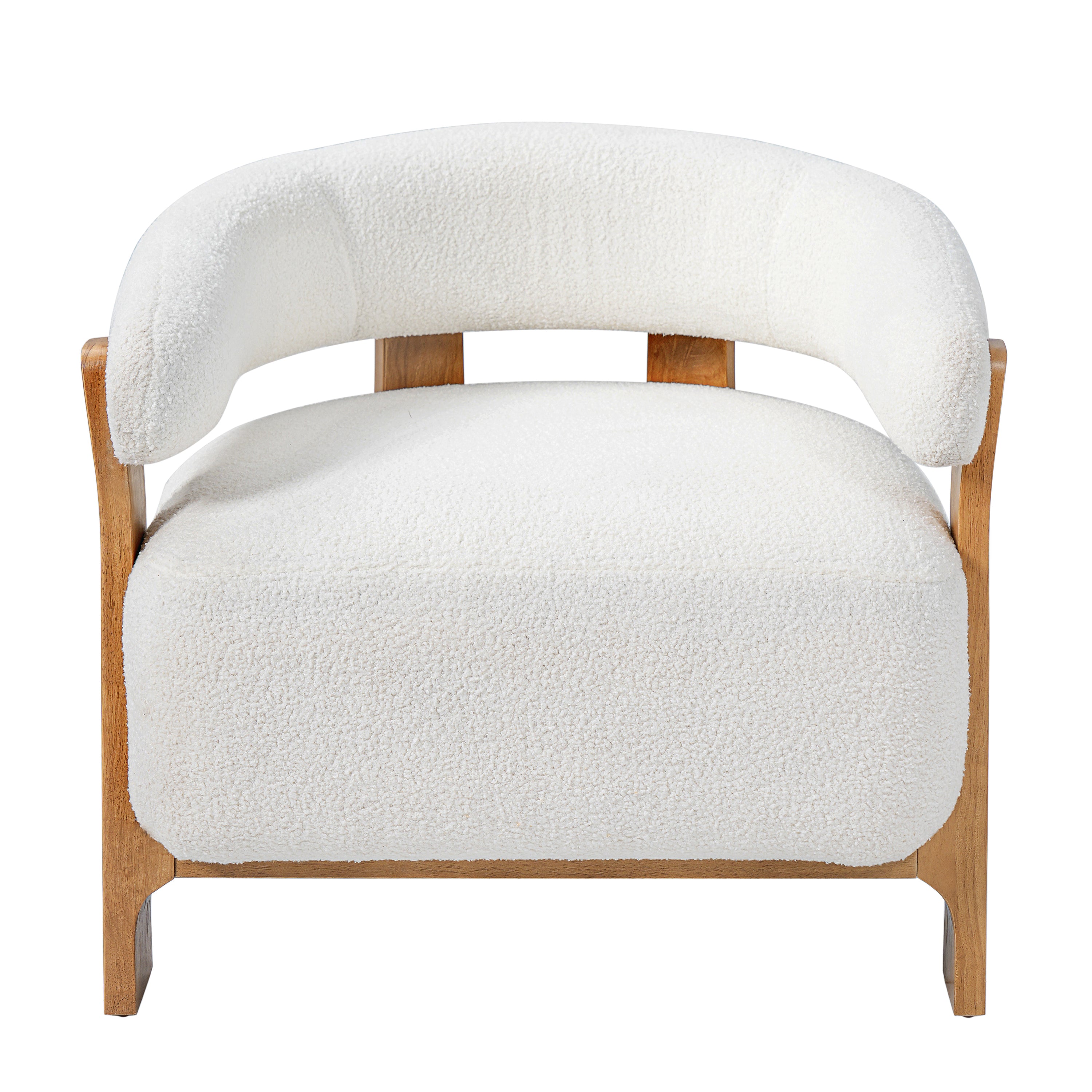 Christopher Knight Home Alven Modern Wooden Boucle Upholstered Accent Chair with Curved Arm and Barrel Back, Off-White/Natural