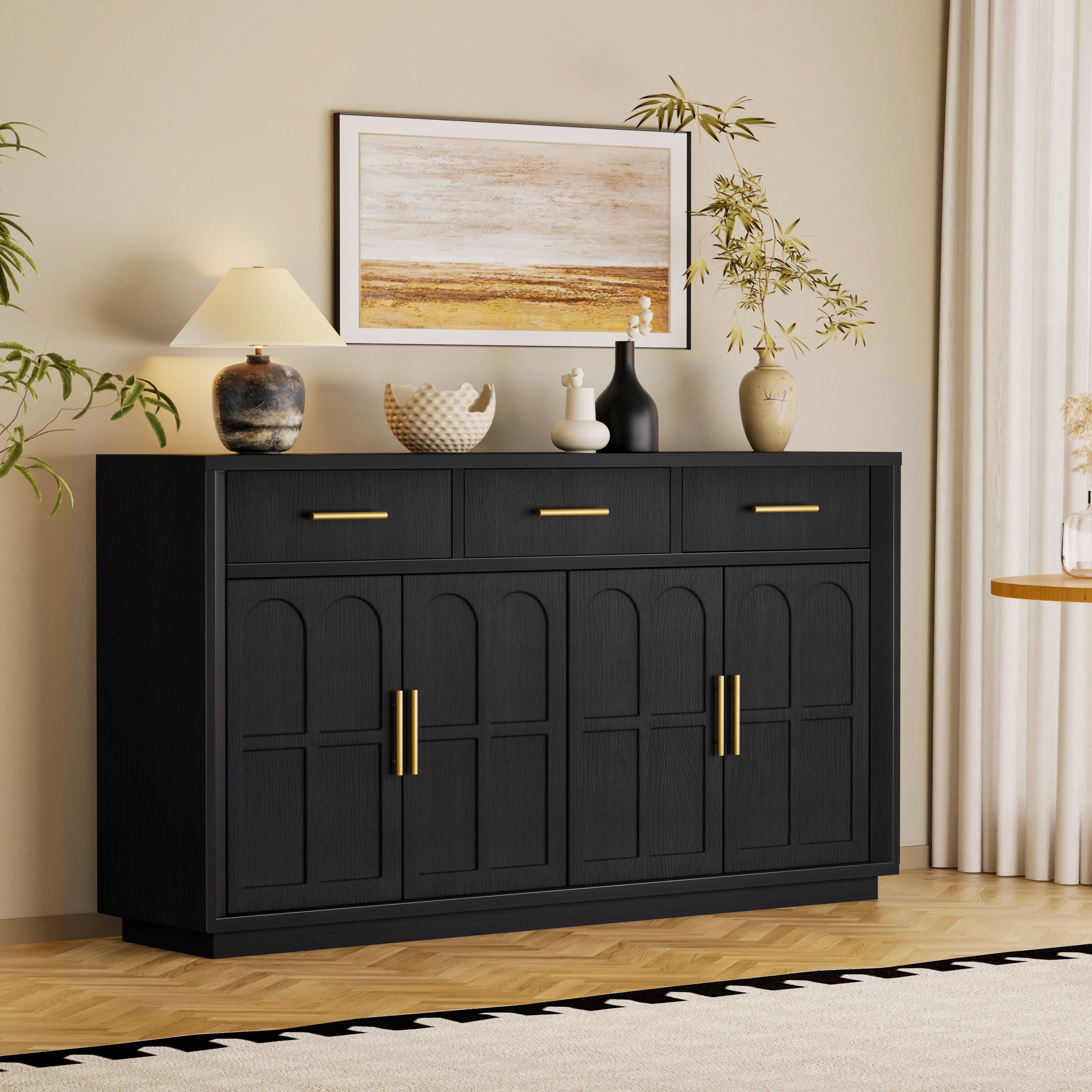 GDFStudio Calen Modern 59" Wooden Sideboard Storage Cabinet with Drawers, Doors and Gold Handle, Black