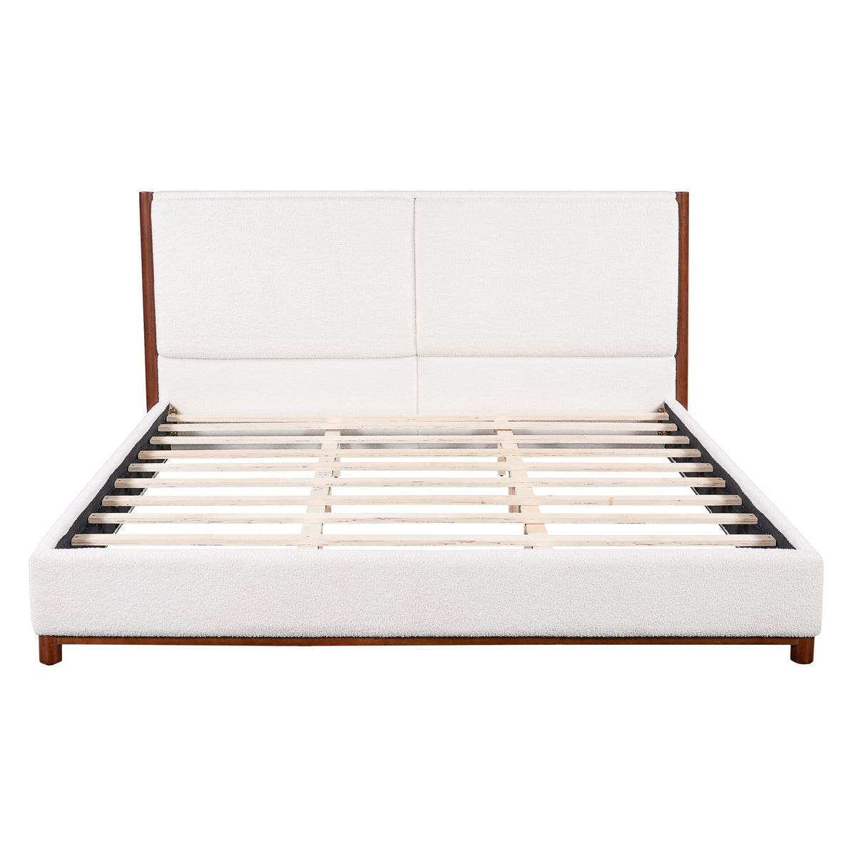 Christopher Knight Home Everett Modern Upholstered Platform Bed Frame with Paneled Headboard and Wood Trim, White/Walnut, King