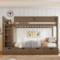 GDFStudio Hudson Twin Over Twin Wooden Bunk Bed with Wardrobe and Drawers, Brown
