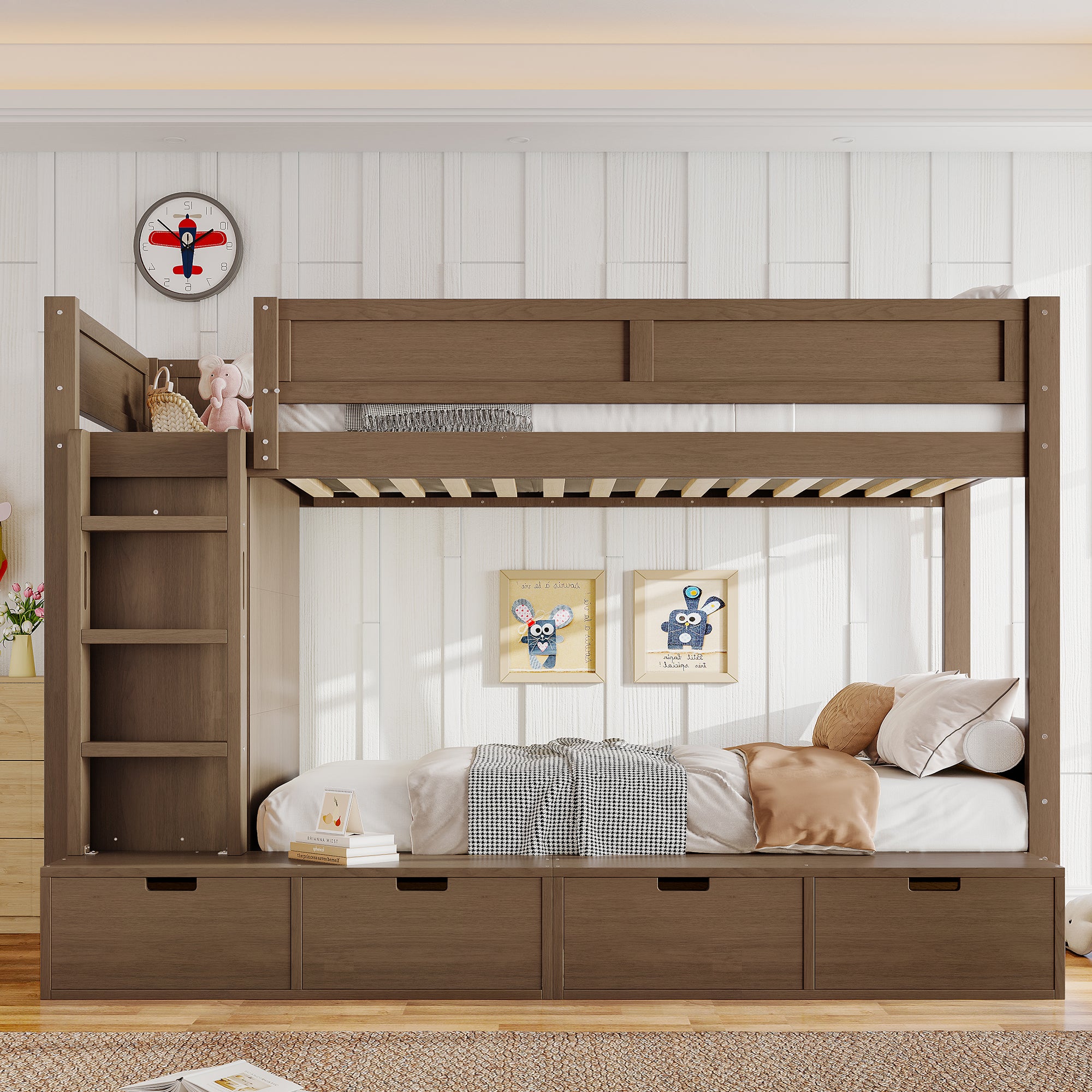 GDFStudio Hudson Twin Over Twin Wooden Bunk Bed with Wardrobe and Drawers, Brown