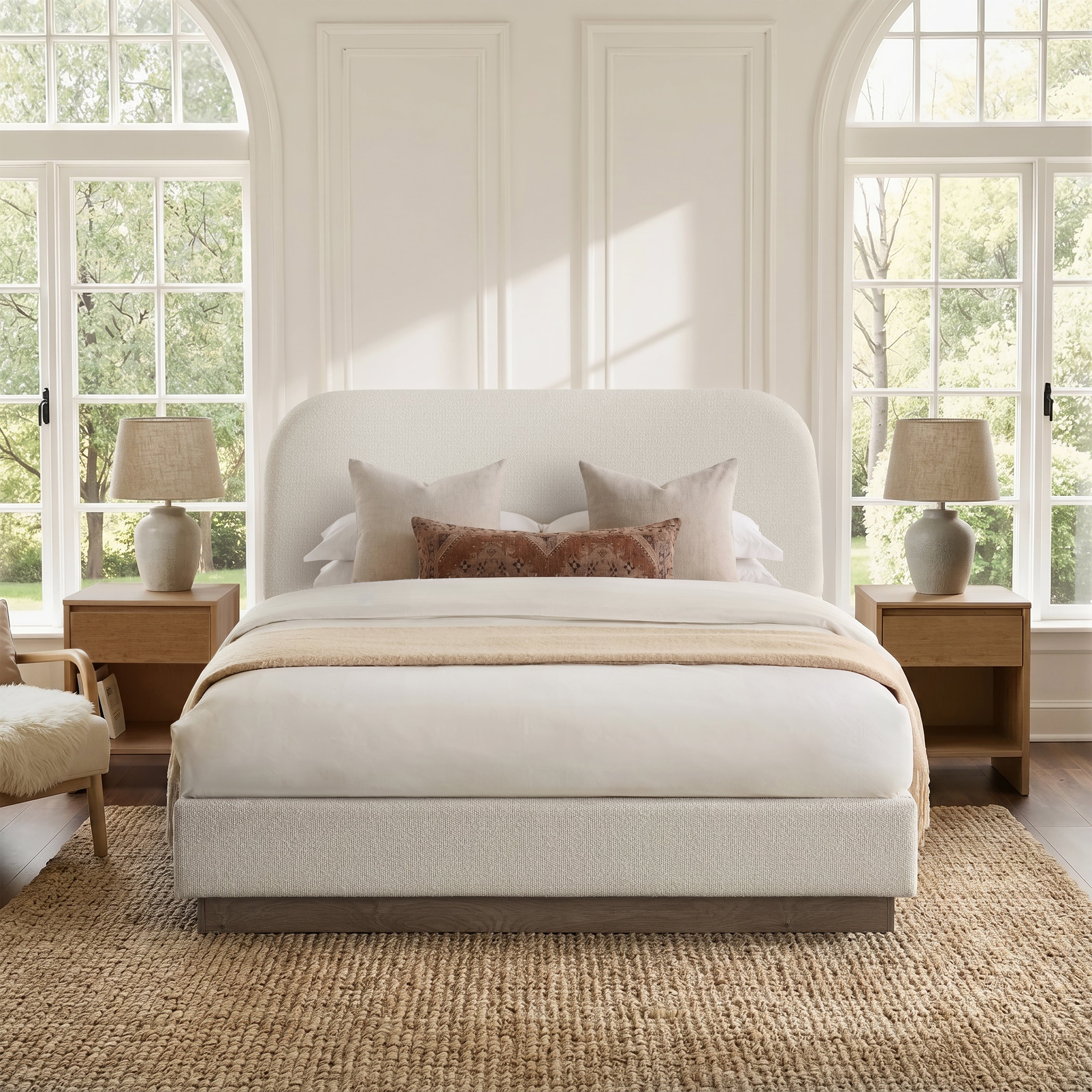 GDFStudio Linton Modern Boucle Upholstered Bed, Cream White, Queen