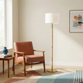 GDFStudio Gatik Wood and Rattan Floor Lamp with Brass Base and Linen Shade, Gold/White