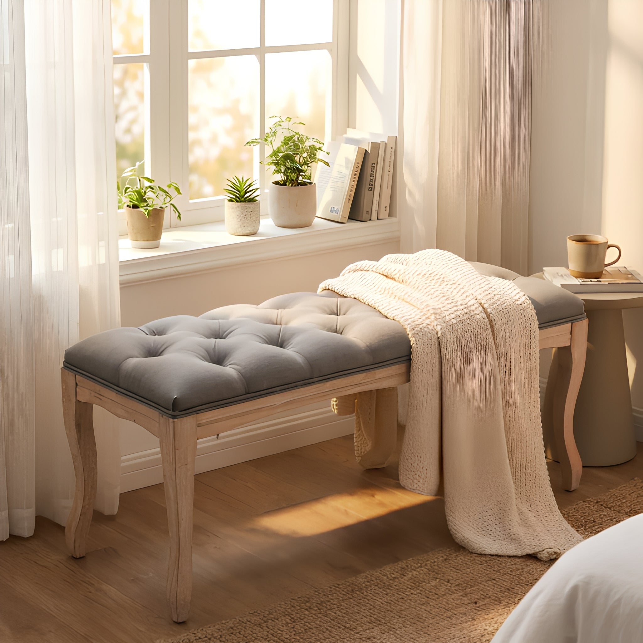 GDFStudio Nene French Vintage Rubberwood Linen Upholstered Tufted Bench, Gray