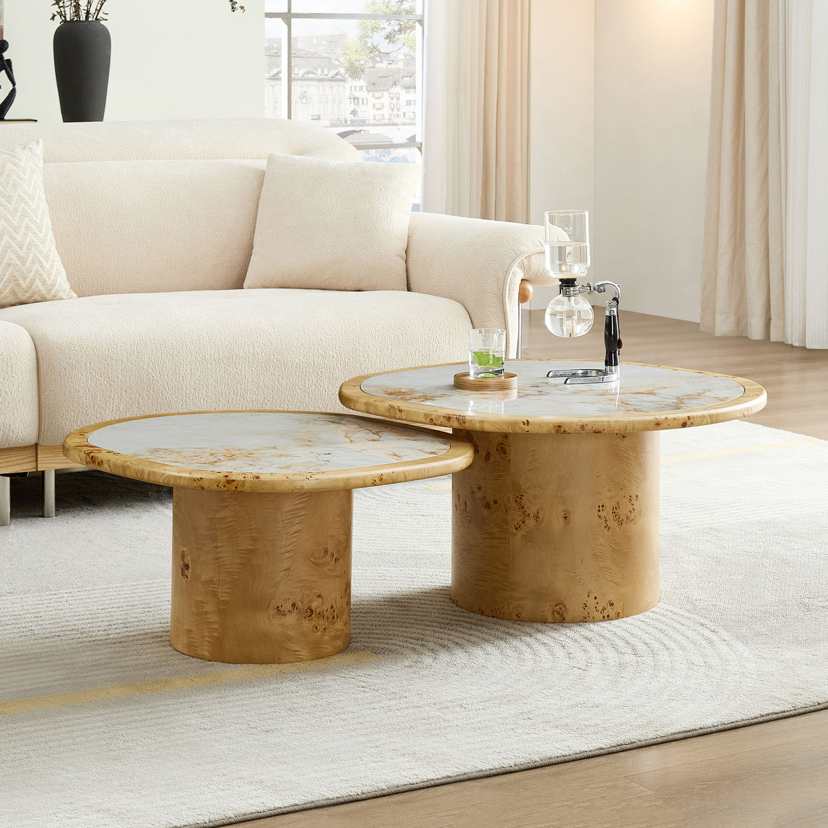 GDFStudio Kleta Modern Irregular Coffee Table Set with Sintered Stone Tabletop, Natural