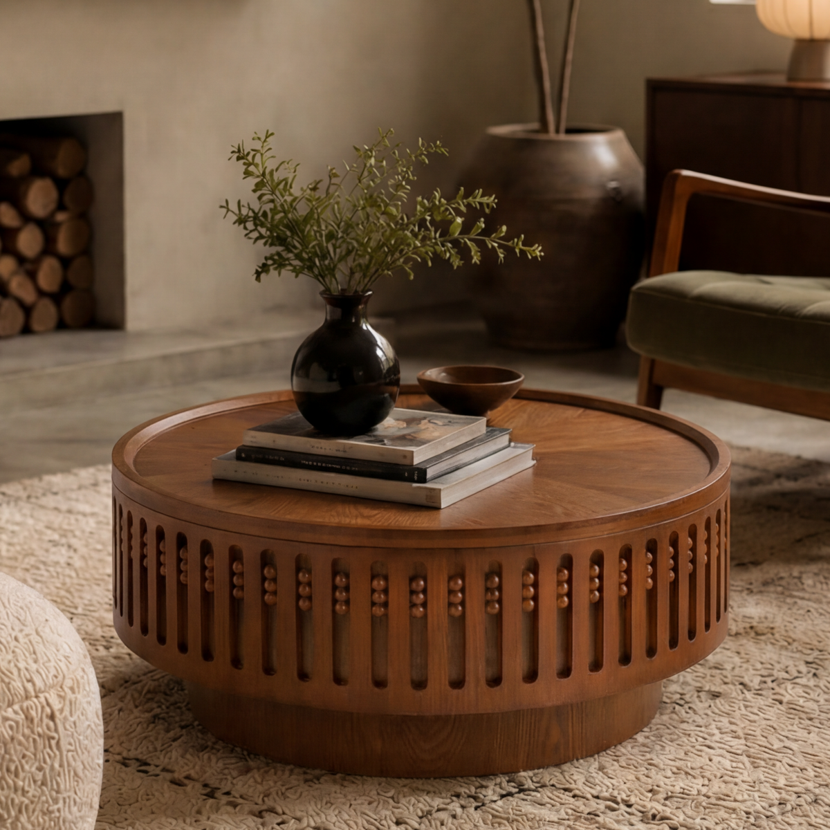 GDFStudio Aegle Bohemian Round Hidden Storage Coffee Table with Flip-Top, Walnut