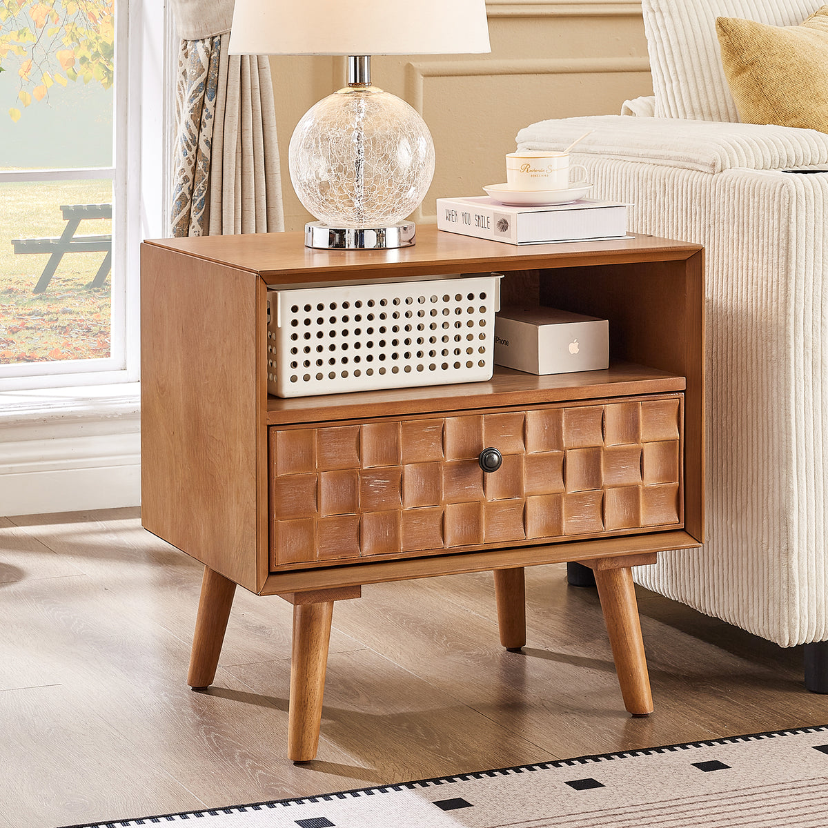 GDFStudio Evan Mid-Century Modern 22" Nightstand with Carved Geometric Drawer, Golden Oak