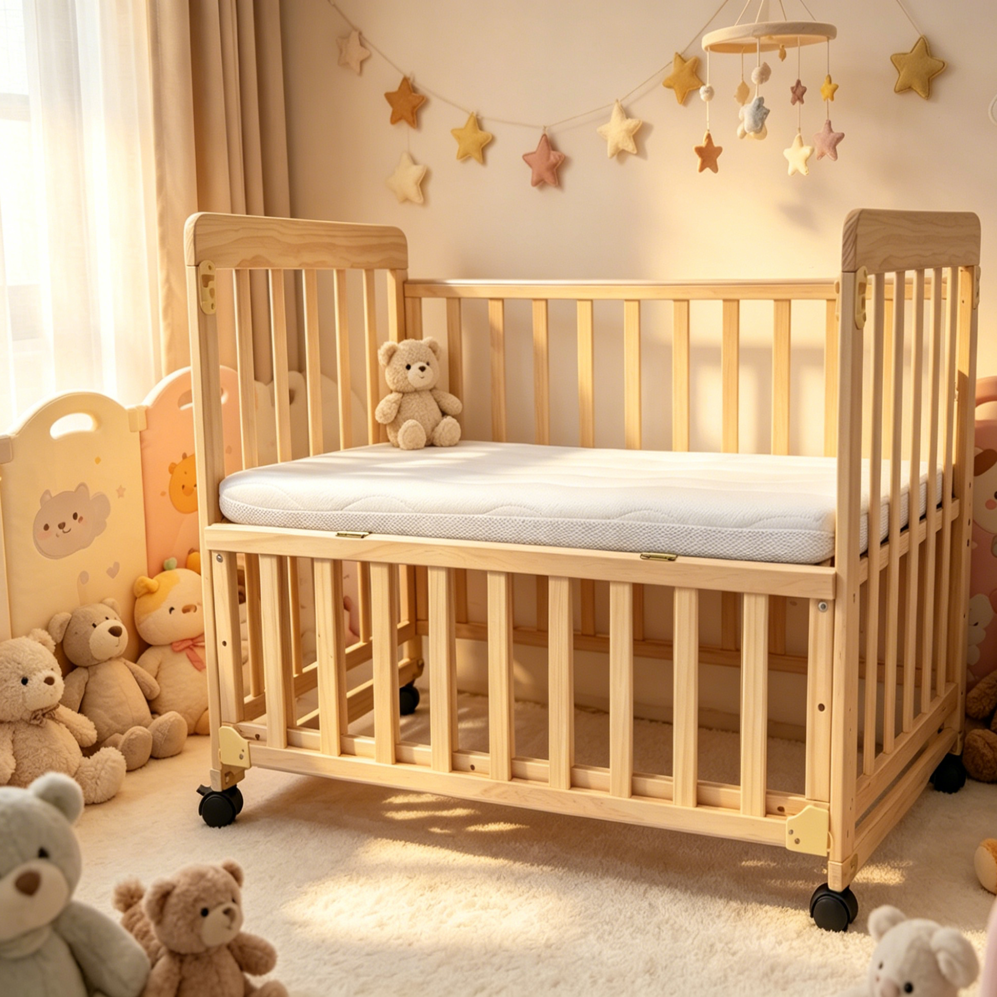GDFStudio Caledonia Modern Wooden Mini Crib with Mattress?Natural