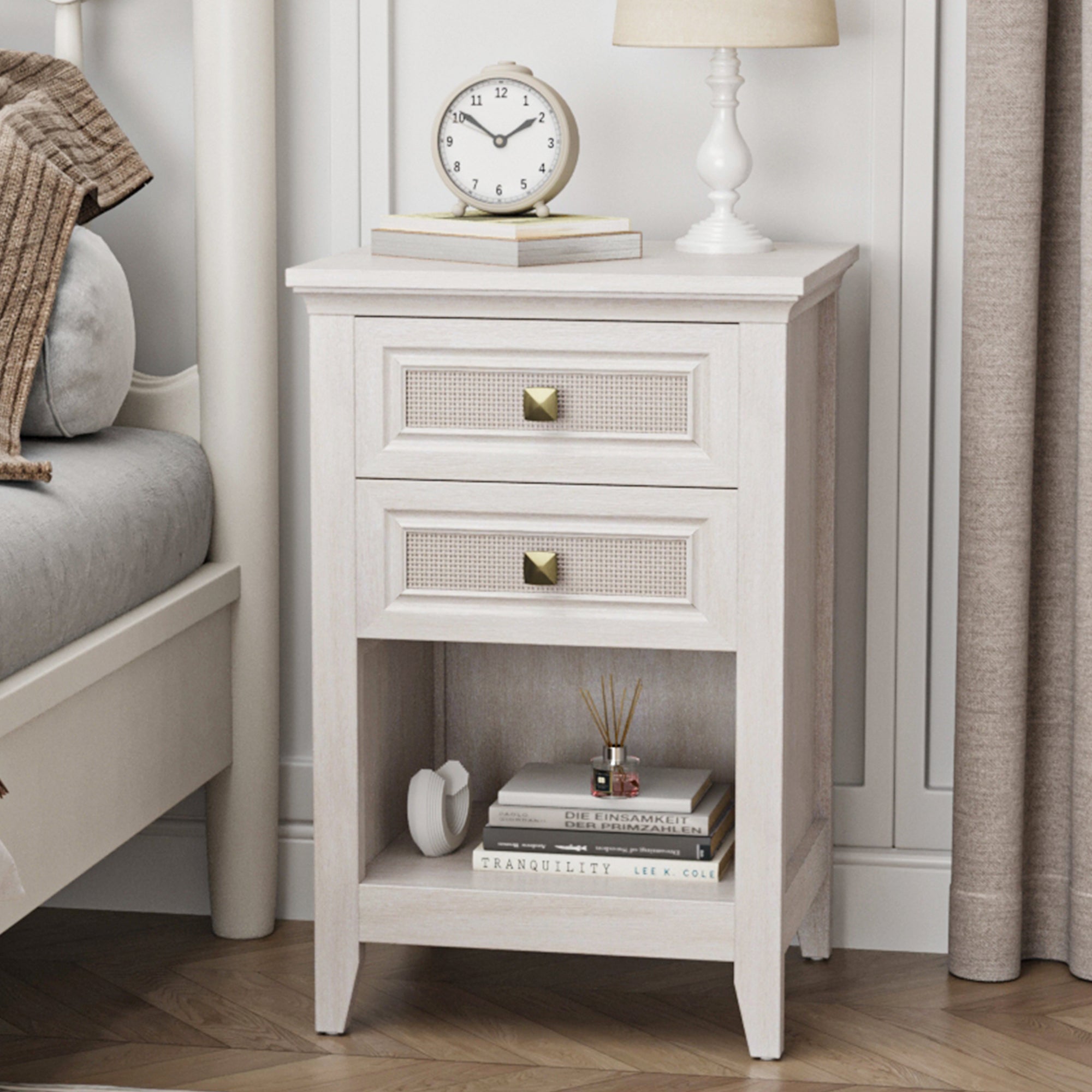 GDFStudio Lizzie Boho Farmhouse Nightstand with 2 Rattan Drawers and Open Storage Shelf, White