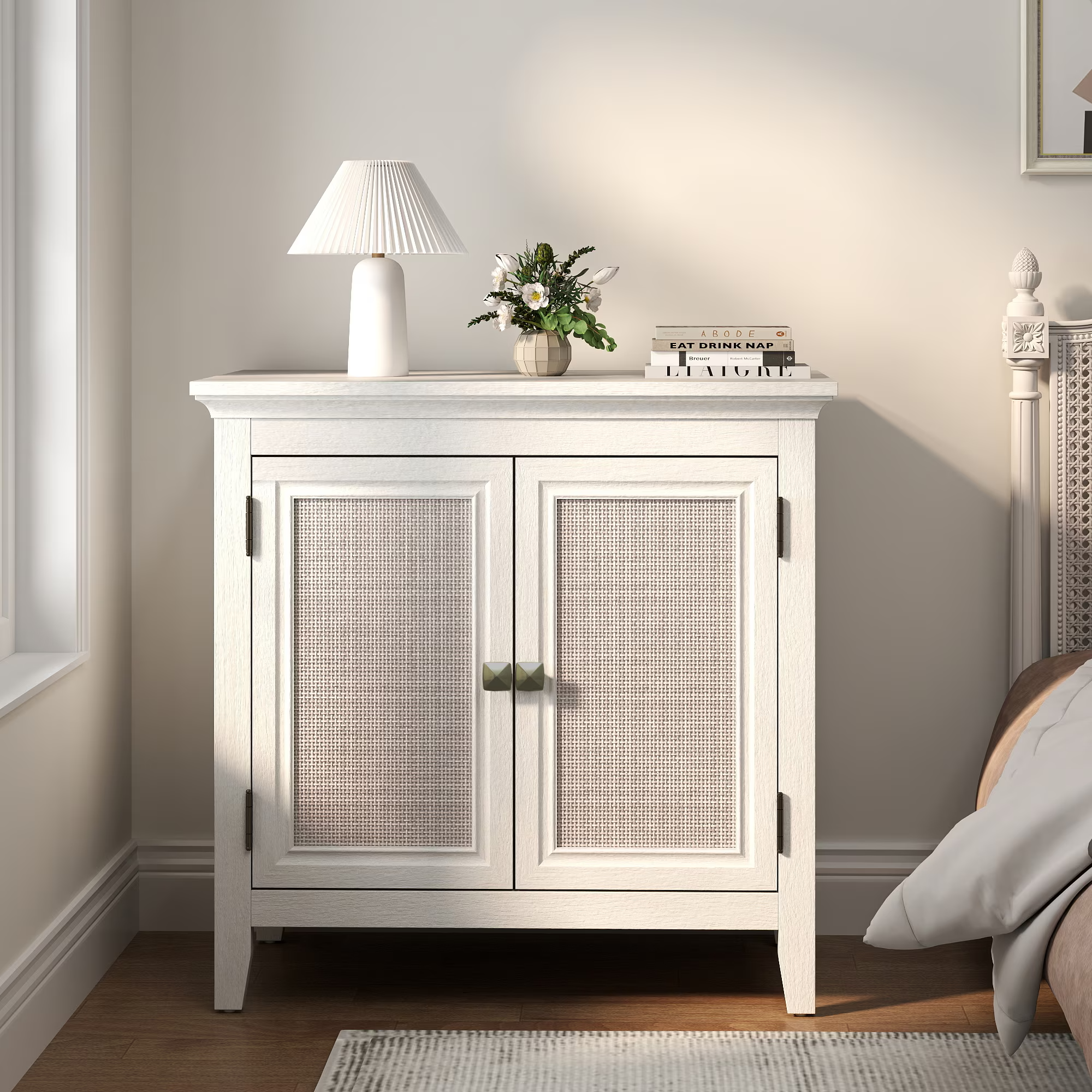 GDFStudio Edmund Modern 27.6" Storage Cabinet with Rattan Doors and Adjustable Storage Shelf, White