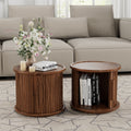 GDFStudio Luka Round Wood Fluted Coffee Table with Hidden Storage Cabinet (Set of 2), Walnut
