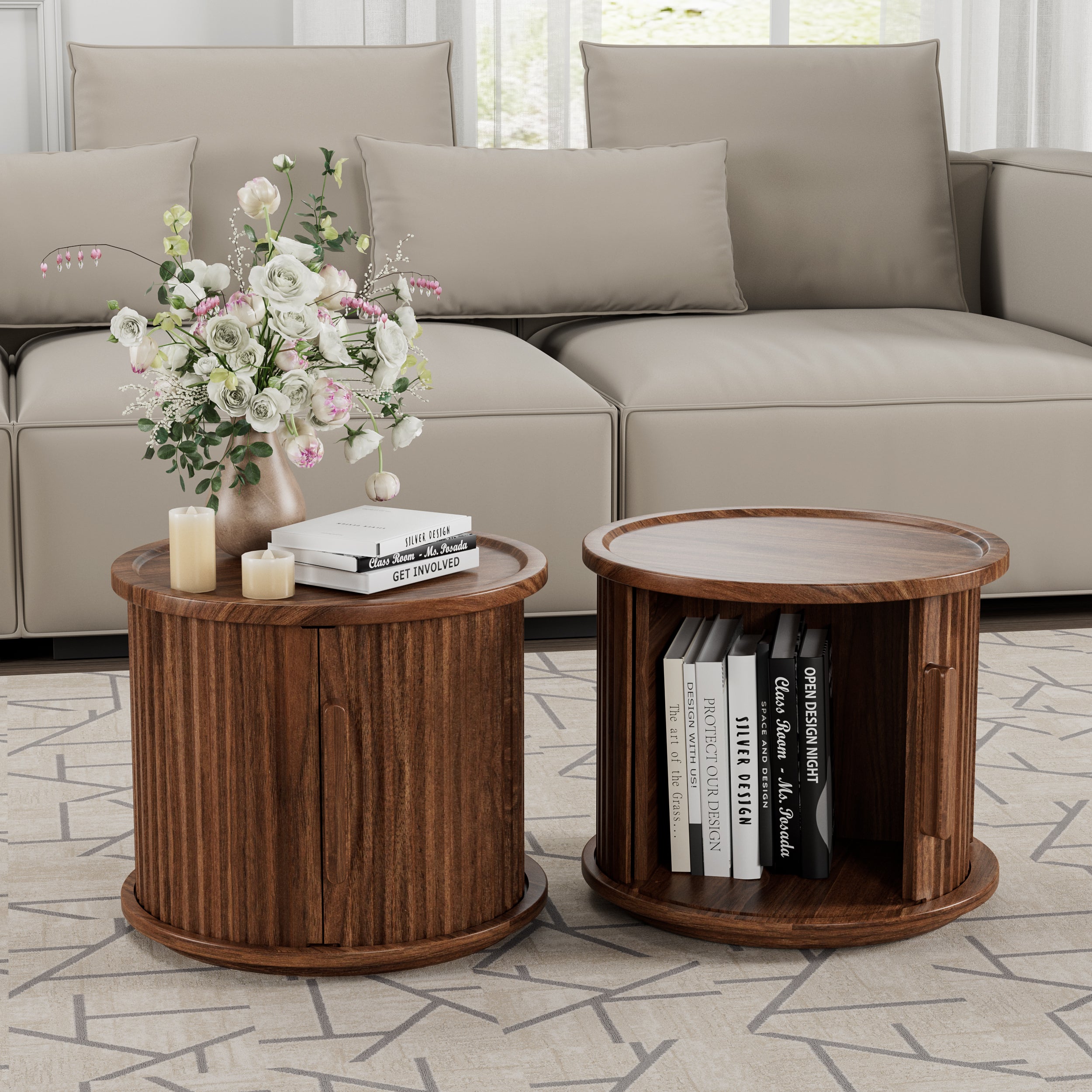 GDFStudio Luka Round Wood Fluted Coffee Table with Hidden Storage Cabinet (Set of 2), Walnut