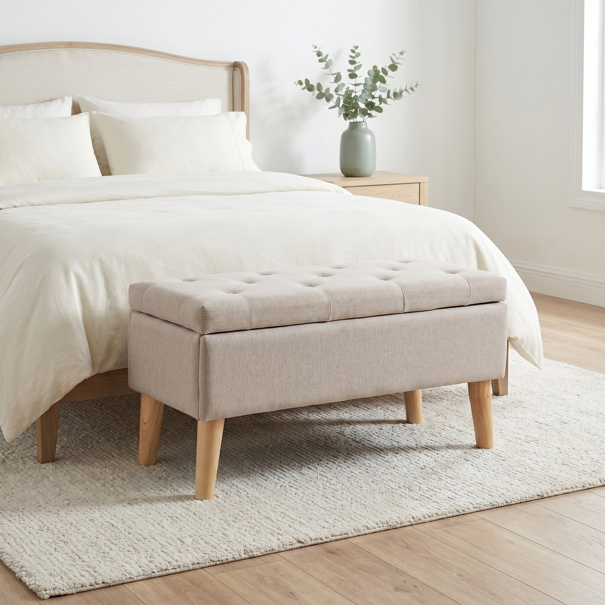 GDFStudio Quinn 32" Modern Linen Upholstered Storage Ottoman Bench with Hidden Storage, Beige