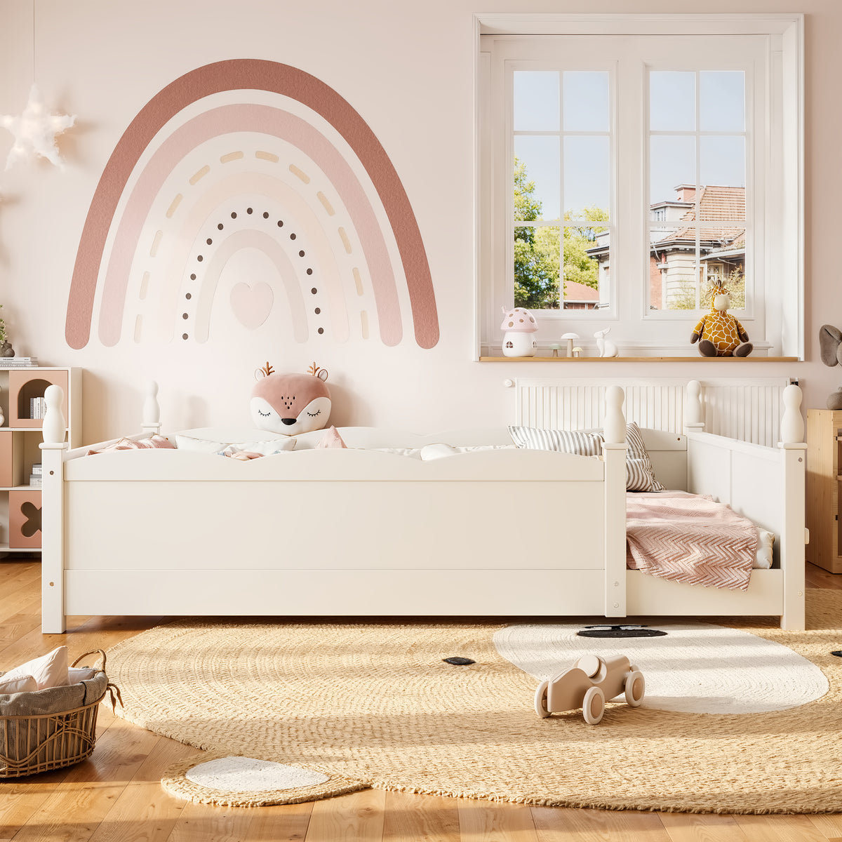 GDFStudio Elpis Modern Floor Bed with Full-Length Guardrails with Built-in Bookshelf, Beige, Queen