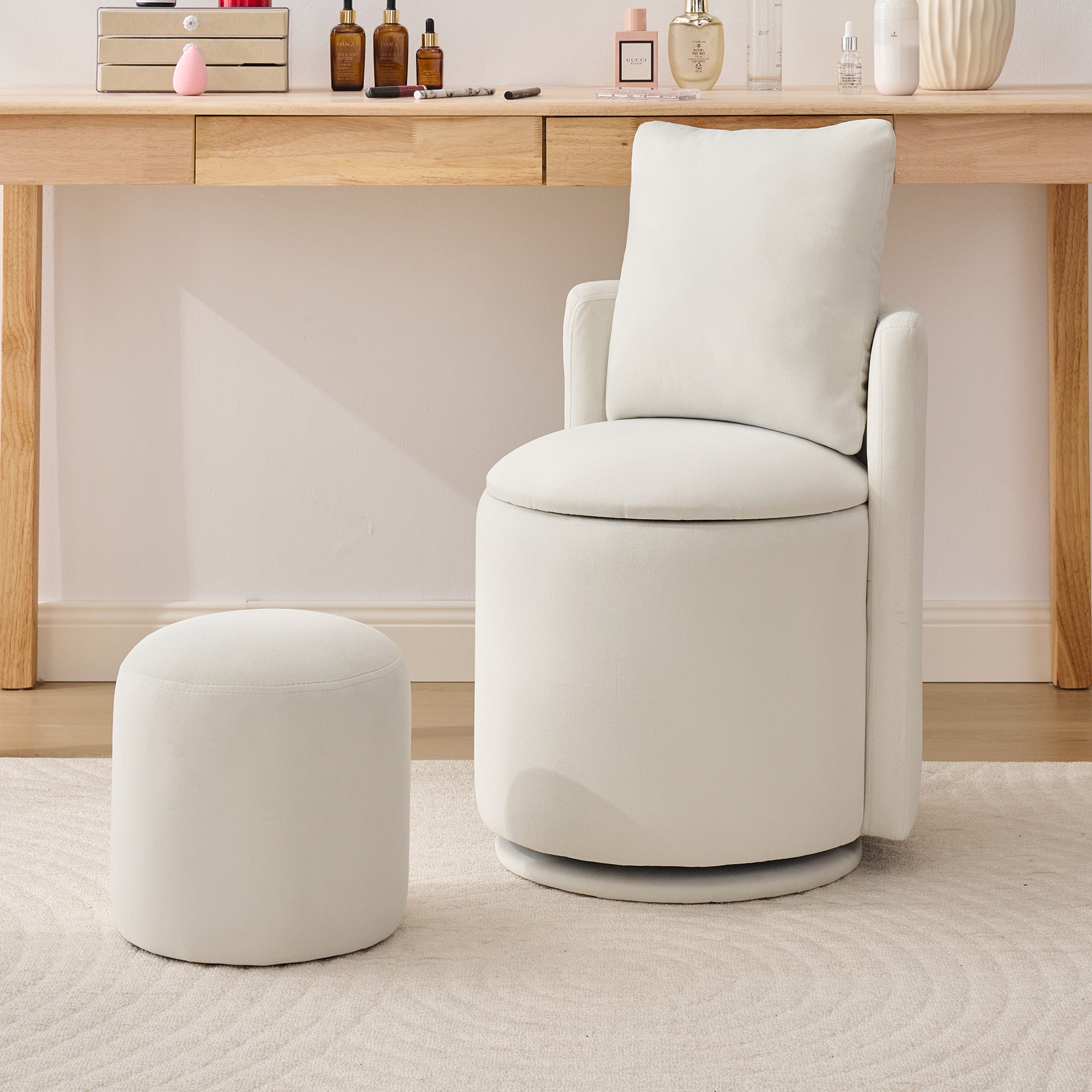 GDFStudio Riverstone Modern Wooden Velvet Swivel Chair with Curved Back, Toss Pillow and Ottoman, Beige
