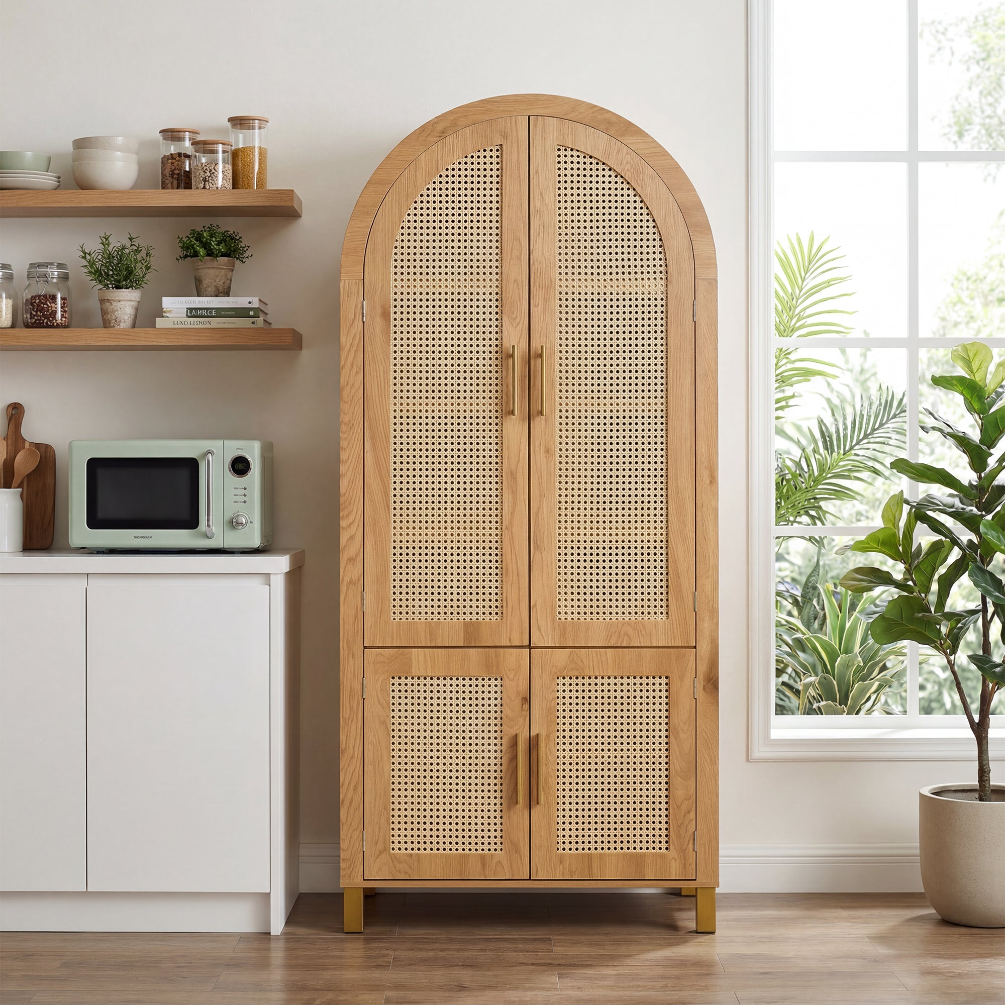 GDFStudio Thornfield Modern 71" Tall Arched Cabinet with Racks, Rattan Doors and Adjustable Shelves, Oak