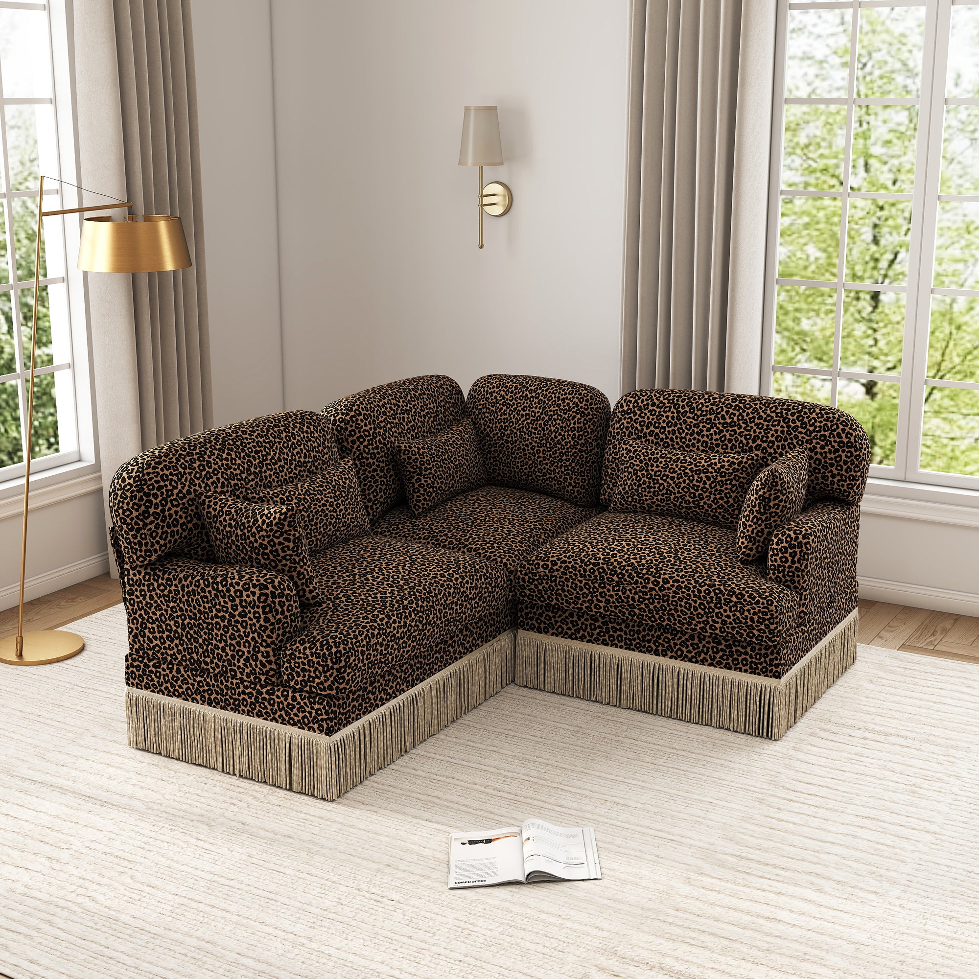 GDFStudio Alke Modular 66? Leopard Printed Chenille Upholstered Sectional Sofa with Tassel?Brown/Black