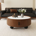 GDFStudio Boreas Mid-Century Modern 1-Drawer Round Coffee Table with Flame Stone Top, Bouguer Walnut