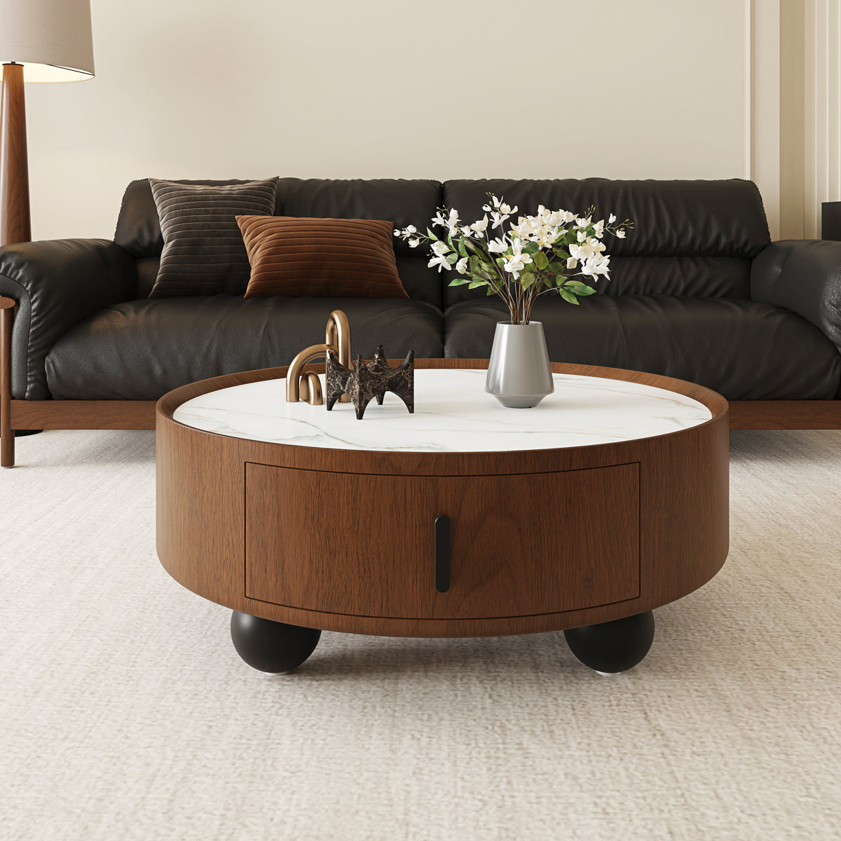 GDFStudio Boreas Mid-Century Modern 1-Drawer Round Coffee Table with Flame Stone Top, Bouguer Walnut