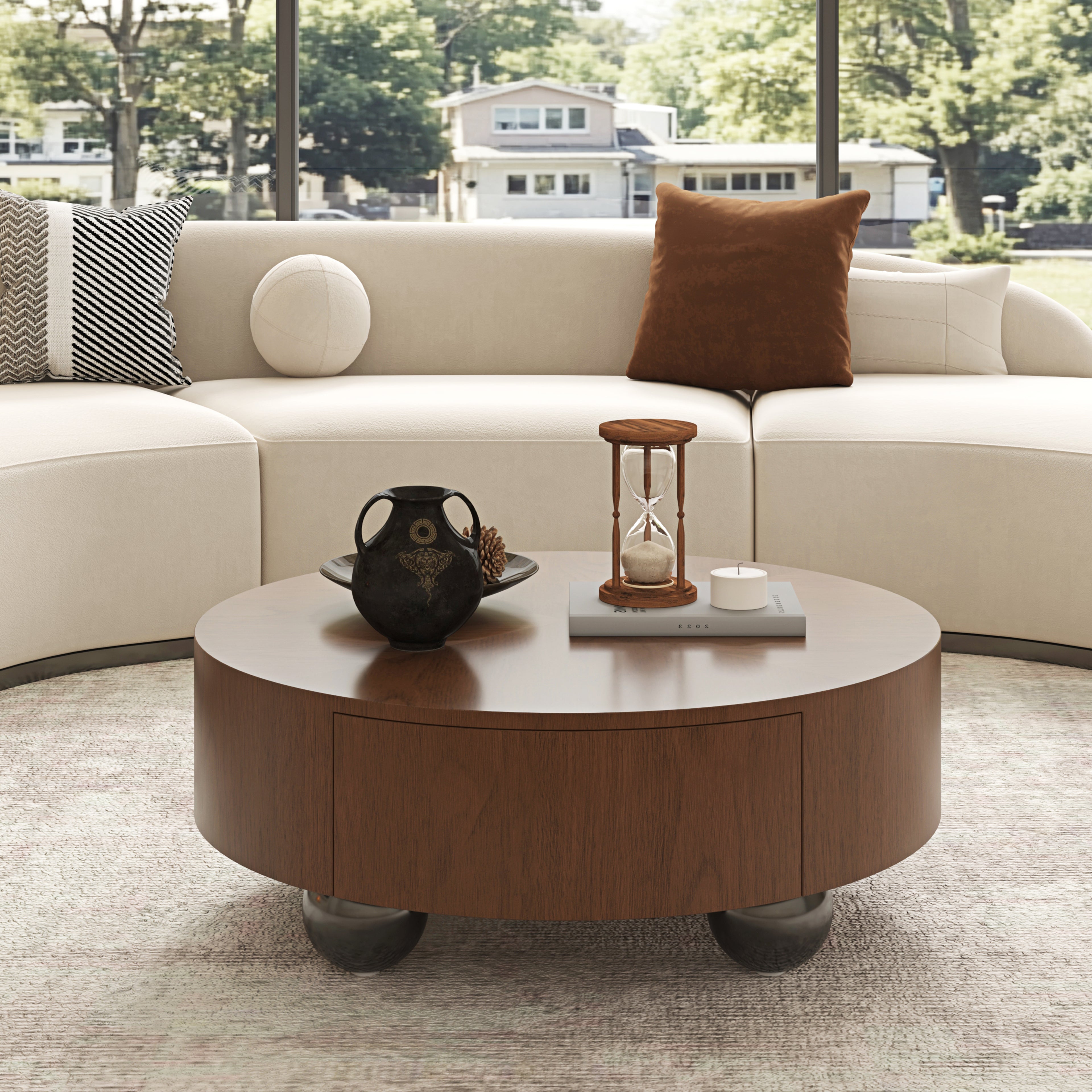 GDFStudio Ceto Mid-Century Modern 2-Drawer Wooden Round Coffee Table, Walnut