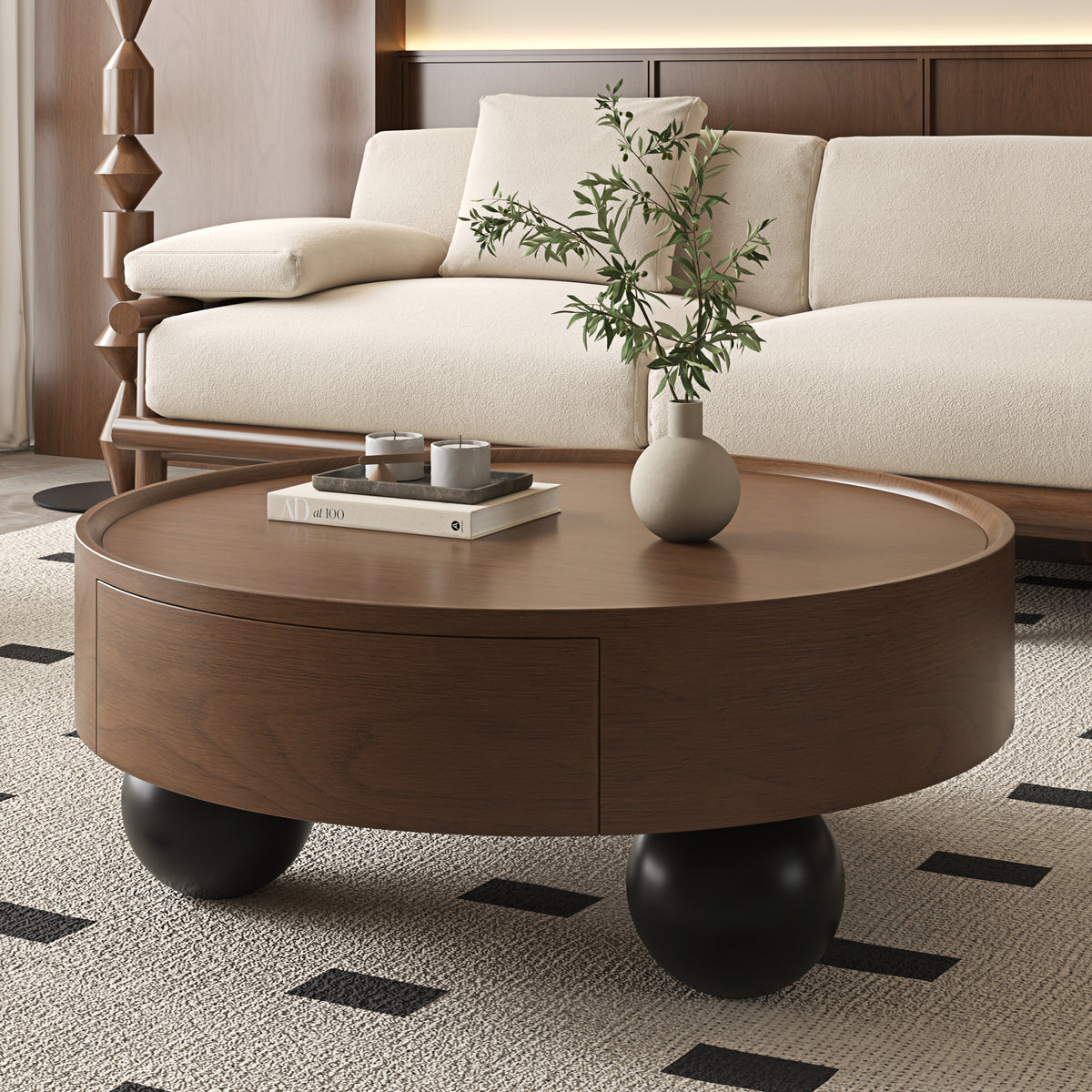 GDFStudio Charon Mid-Century Modern Round Wooden 1-Drawer Coffee Table with 3 Ball Feets, Walnut/Black