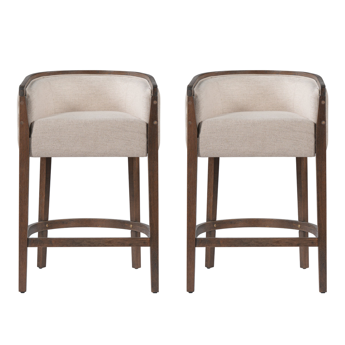 Christopher Knight Home Conrad Modern Rubberwood Upholstered Bar Stools with Barrel Back and Footrest (Set of 2), Beige/Walnut