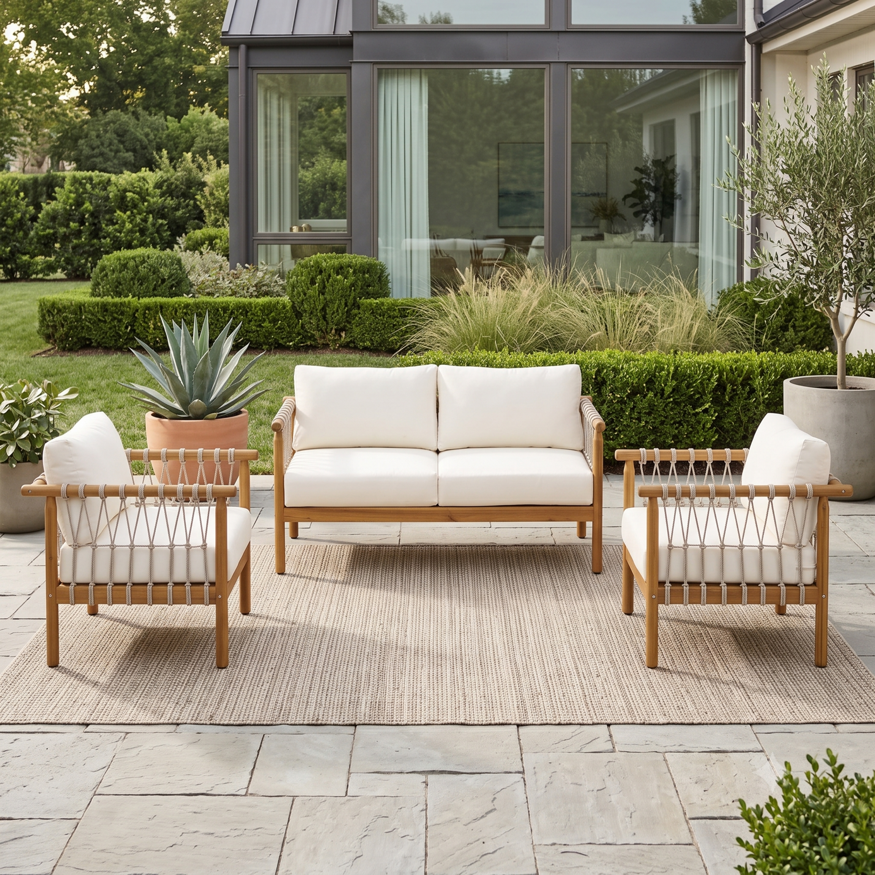 Christopher Knight Home Sienna Patio Coastal 3-Piece Acacia Wood Conversation Set with Woven Rope and Cushions, Teak