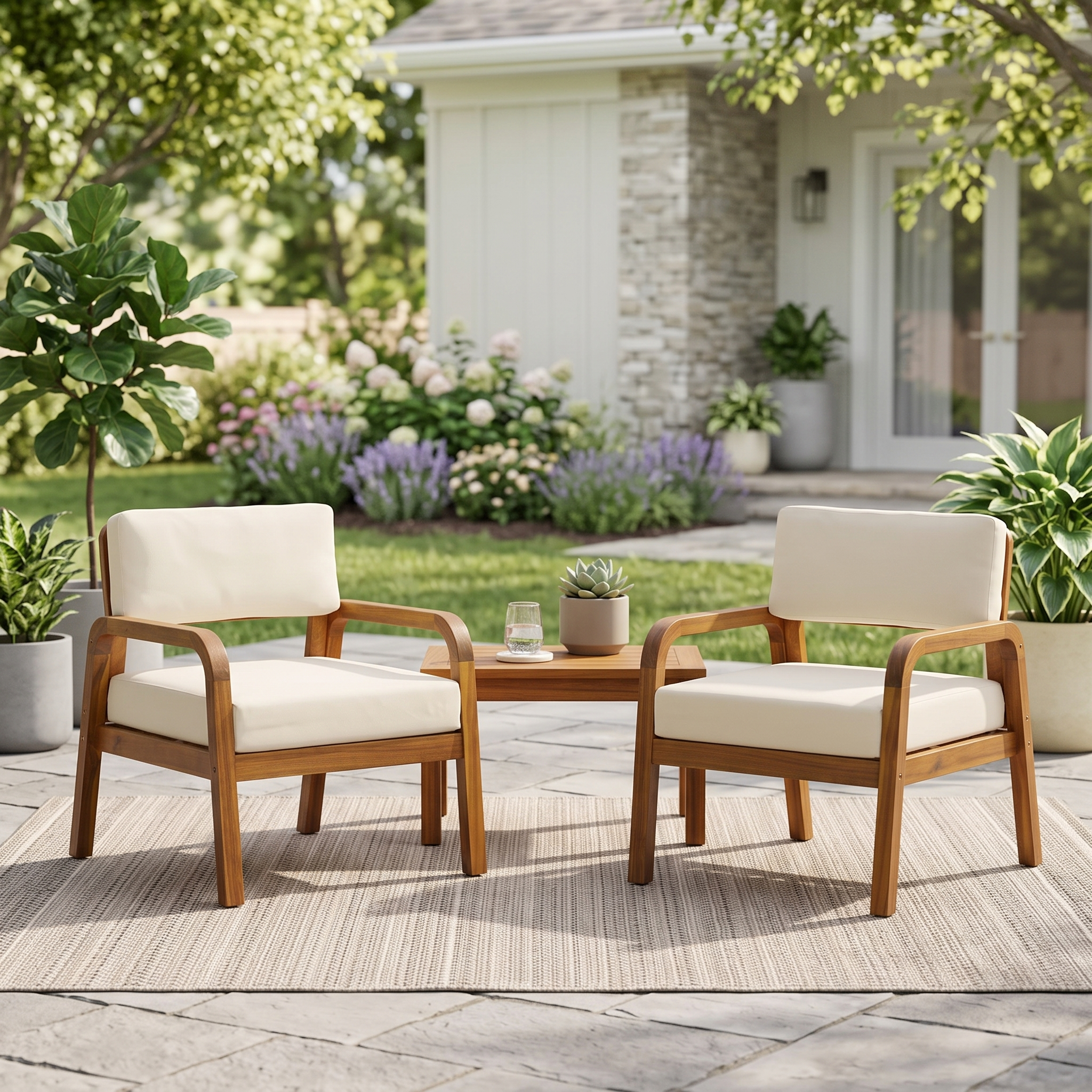 Christopher Knight Home Dawson Patio Modern Acacia Wood Club Armchair with Cushions, Teak/Cream, Set of 2