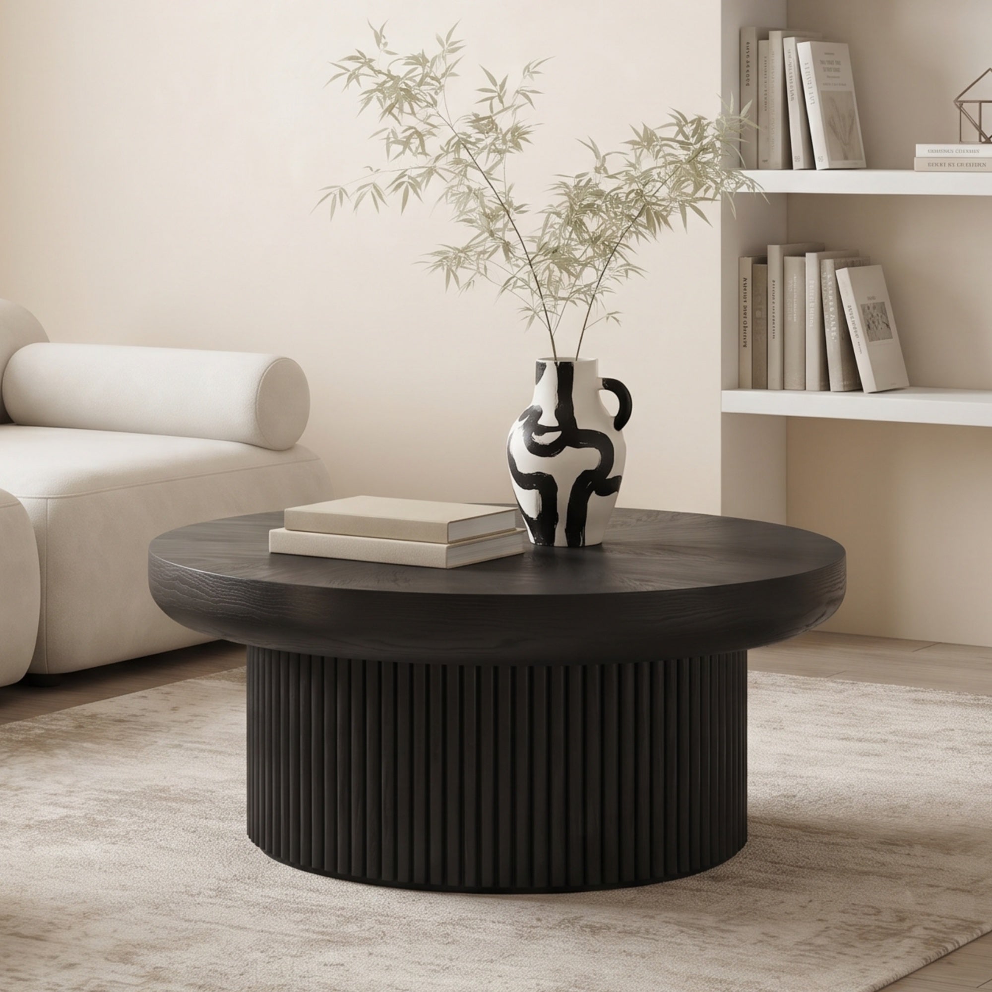 GDFStudio Modern 33.5" Wood Round Coffee Table with Cylindrical Base, Black