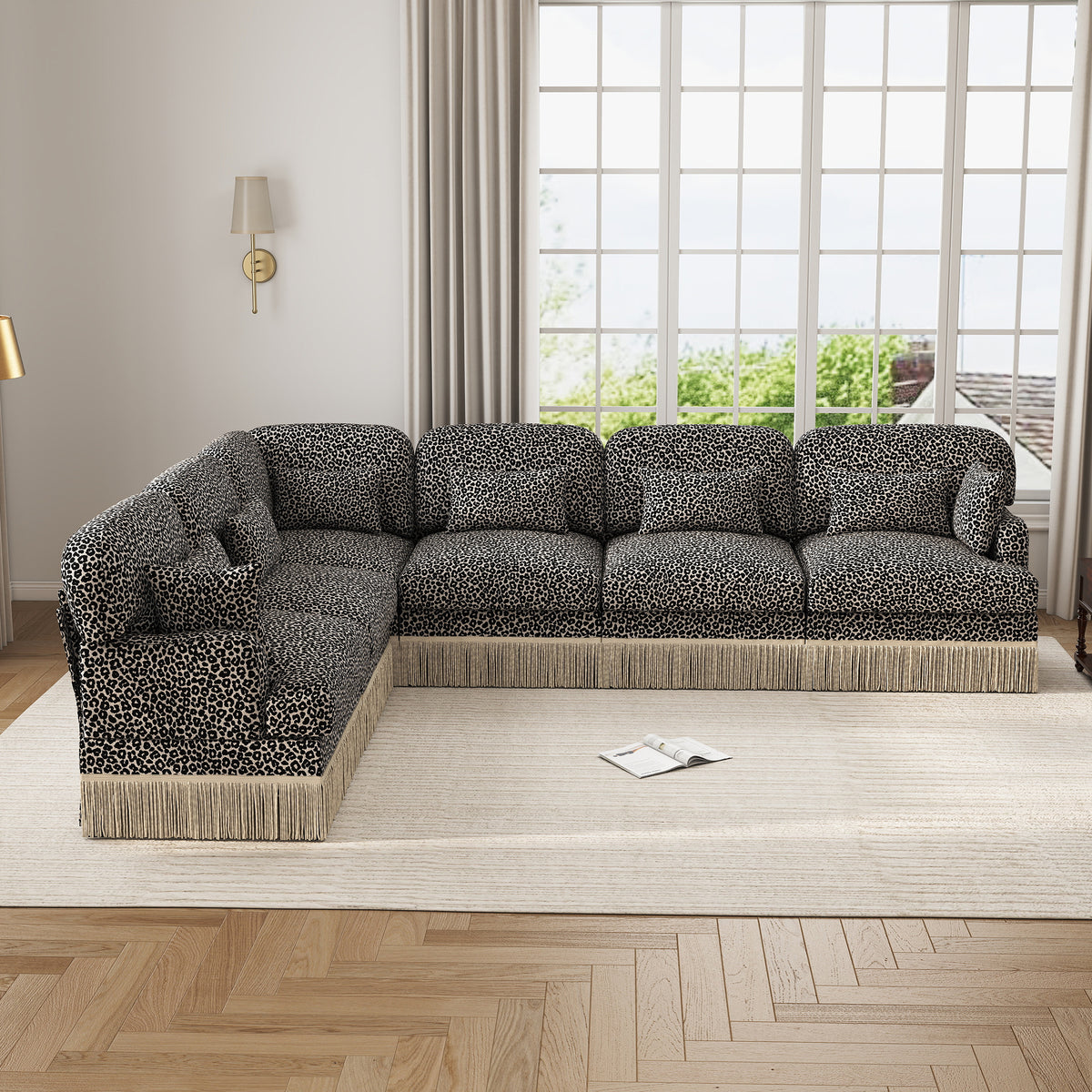 GDFStudio Alke Modular 6 Piece Leopard Printed Chenille 130  L Sectional Sofa with Tassel,Khaki/Black