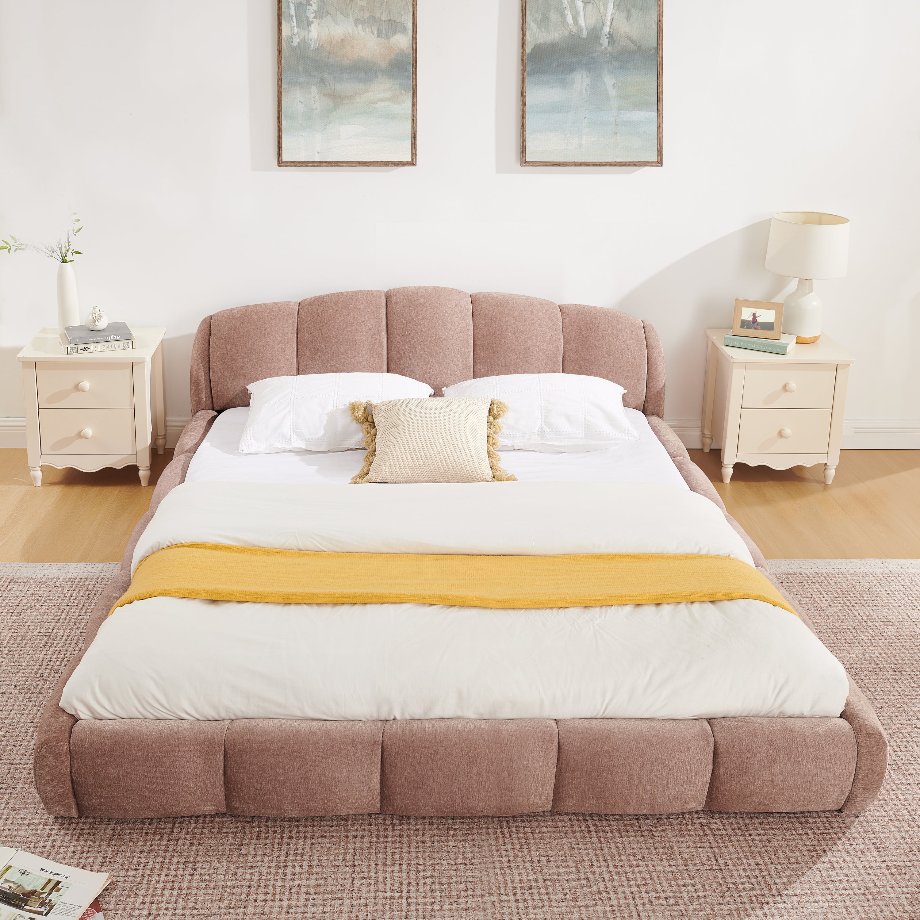 GDFStudio Elvina Low Profile Upholstered Platform Bed with Curved Chenille Headboard, Pink, Queen