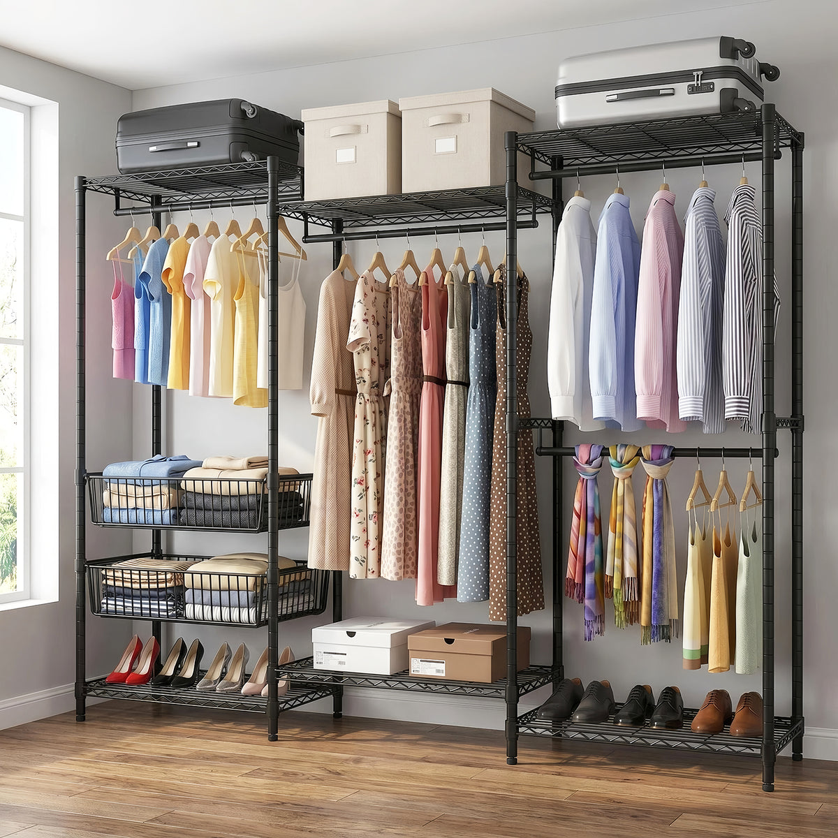 GDFStudio Wardora Heavy Duty Freestanding Garment Rack with Shelves, 4 Hanging Rods and 2 Wire Baskets, Black