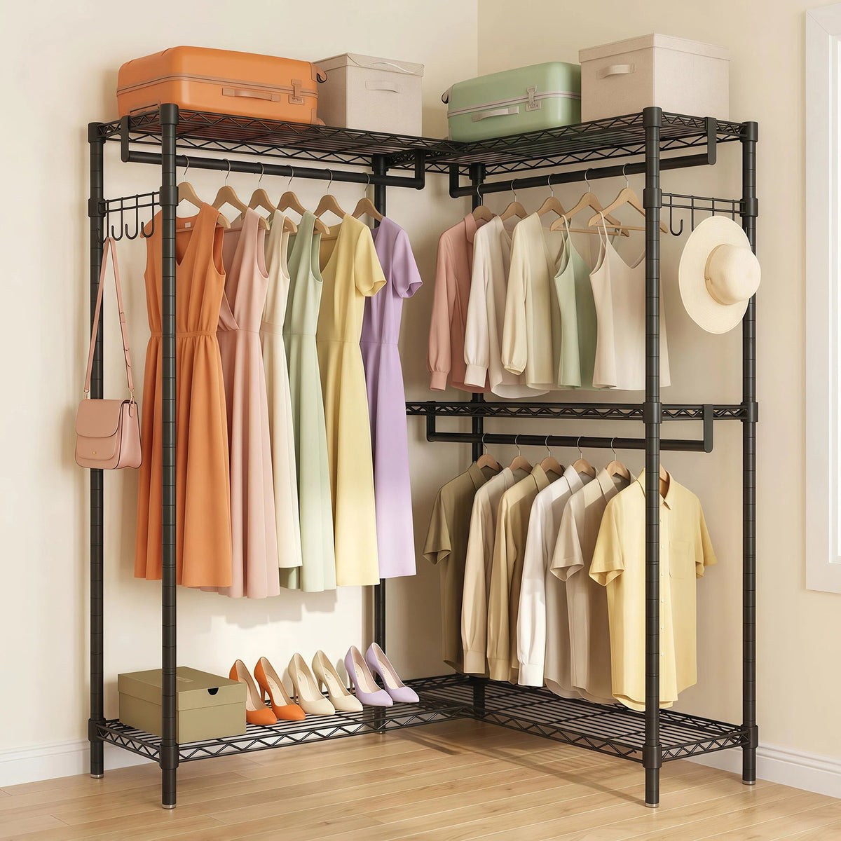 GDFStudio Cornera L-Shaped Heavy Duty Garment Rack with Adjustable Shelves and Hanging Rods, Black